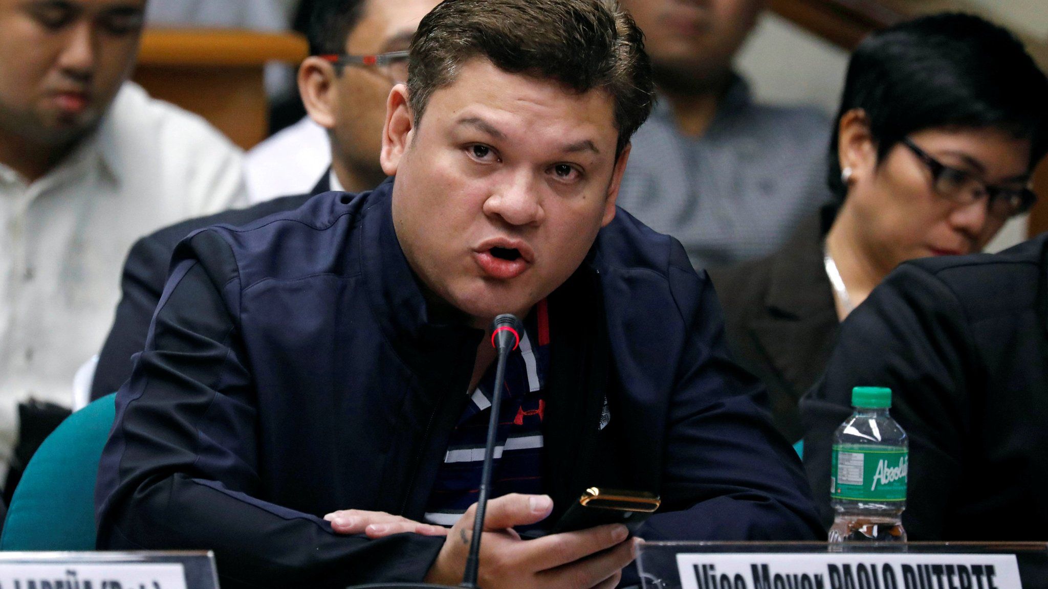 Paolo Duterte, Davao's Vice Mayor and son of President Rodrigo Duterte, testifies at a Senate hearing on drug smuggling in Pasay, Metro Manila, Philippines, 7 September 2017