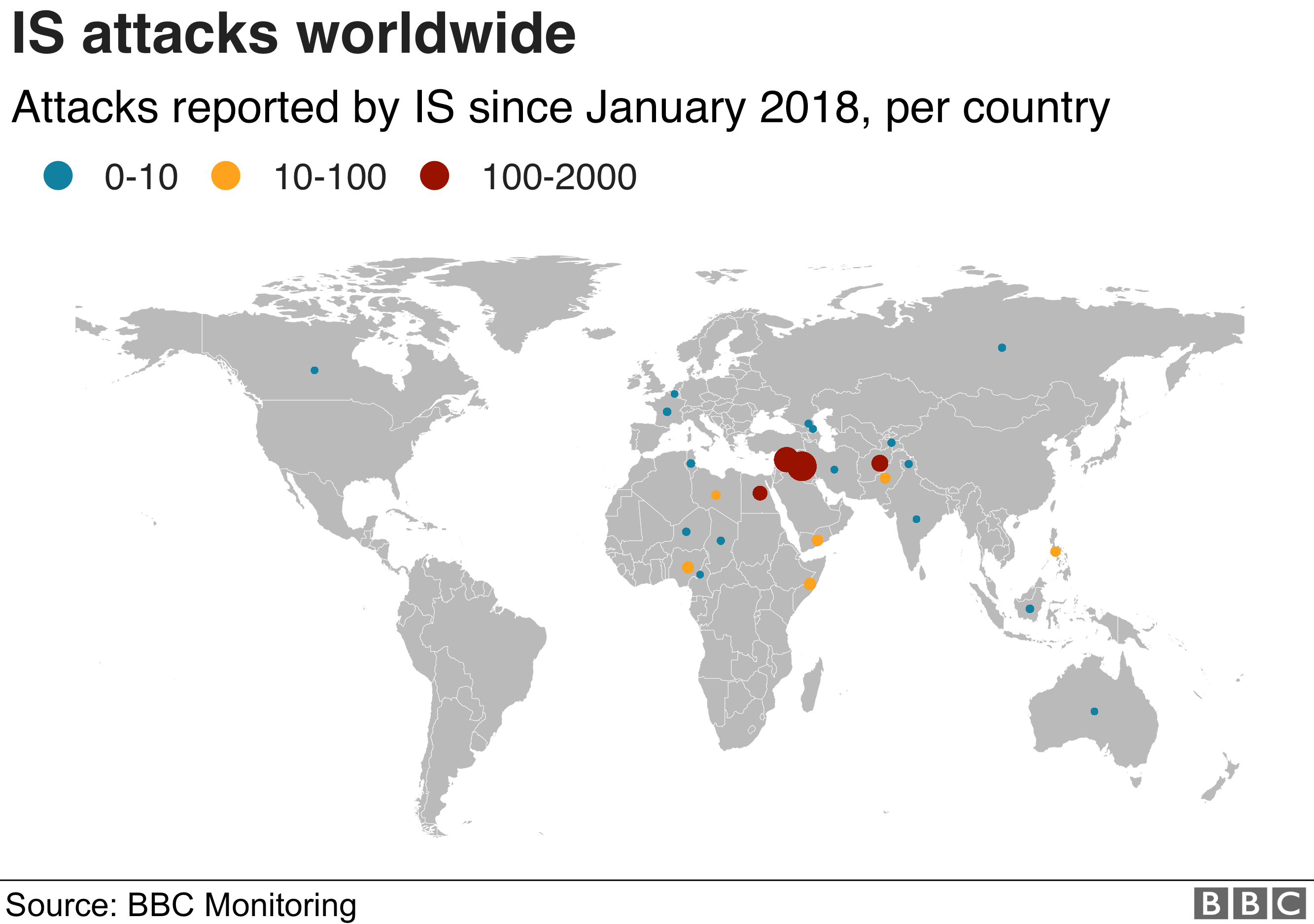 Map showing number of attacks per country since January 2018