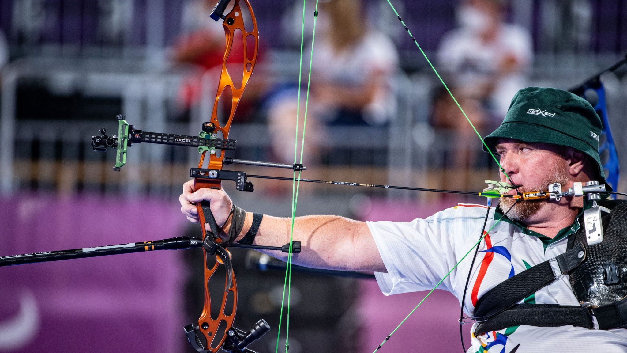 Para archer Shaun Anderson prepares to fire an arrow at the 2020 Tokyo Paralympic Games