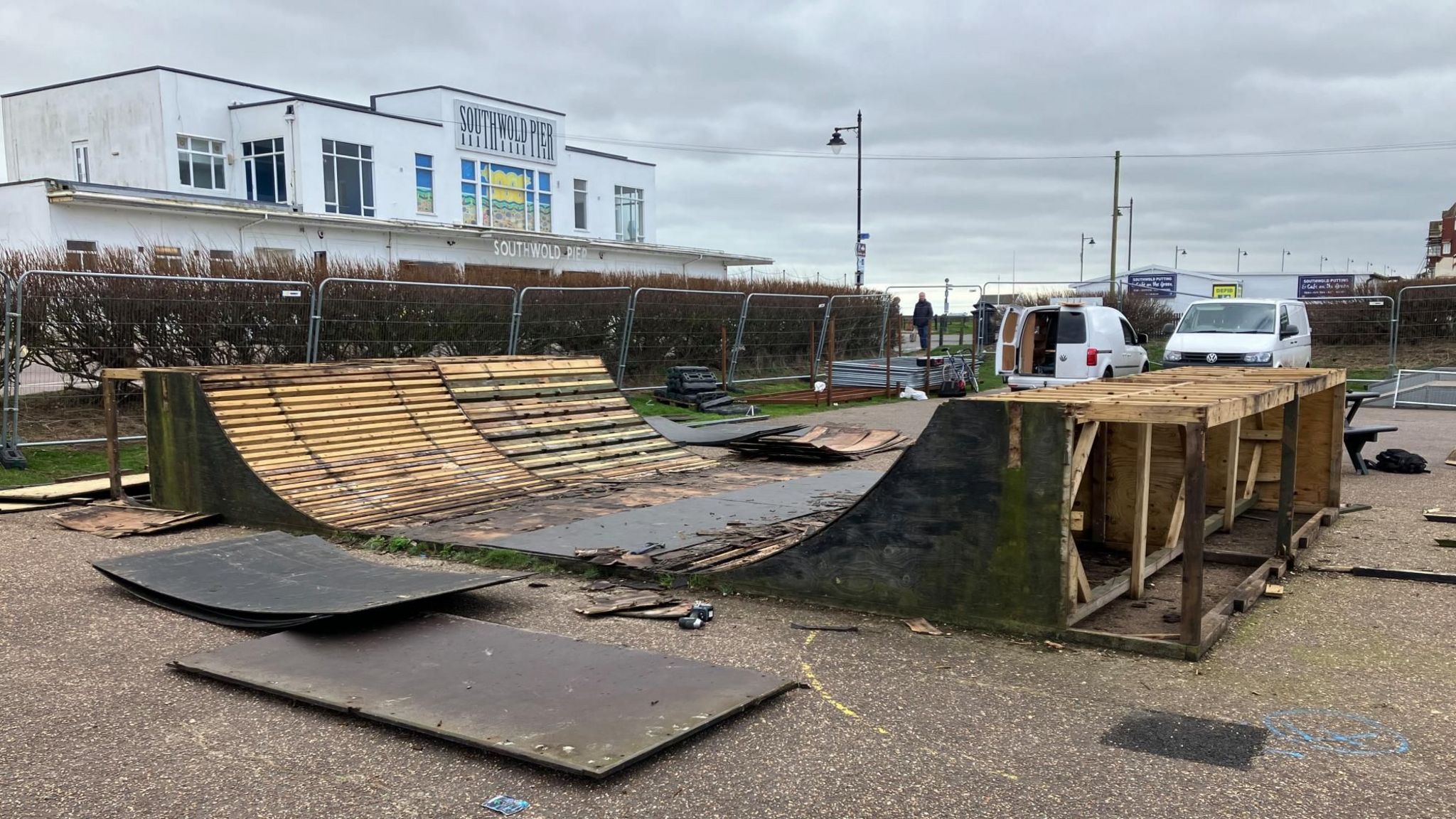 Wooden skatepark ramps being dismantled in Southwold, next to the pier