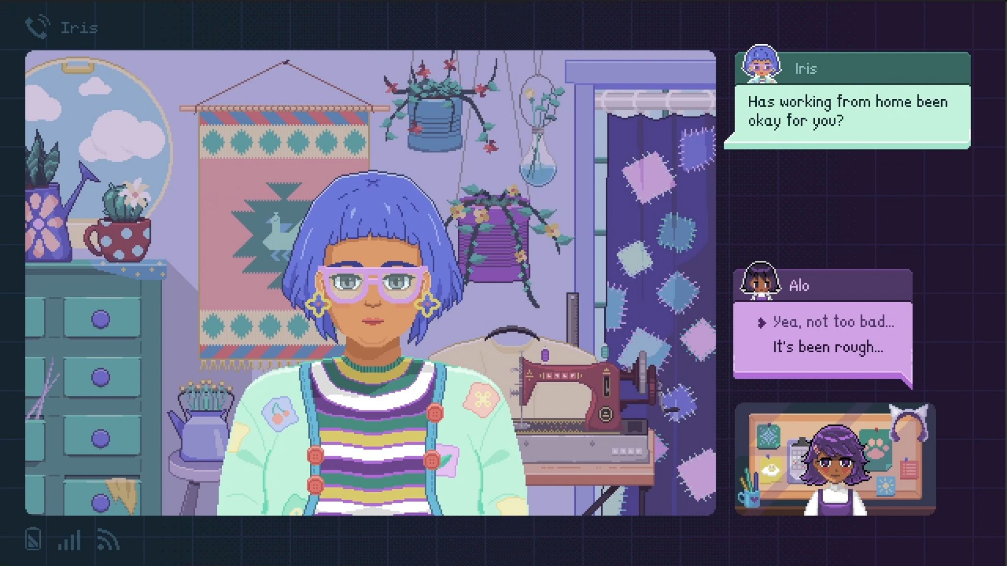 Two pixellated characters conduct a video call in this screenshot from video game Fishbowl. One is displayed in a larger window, with the room behind her filled with hanging plants, tapestries and a sewing machine, suggesting an arty personality.
