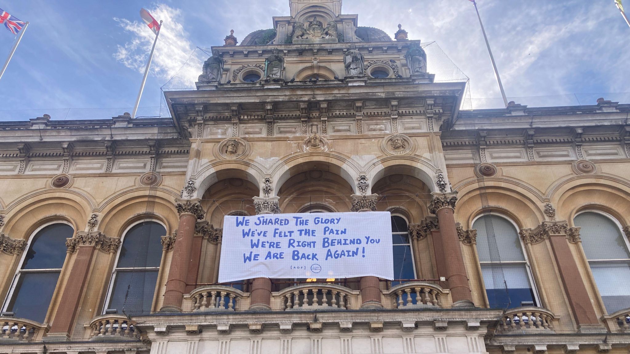 The Ipswich Town banner that has been placed on Ipswich Town Hall in the run up to the Premier League