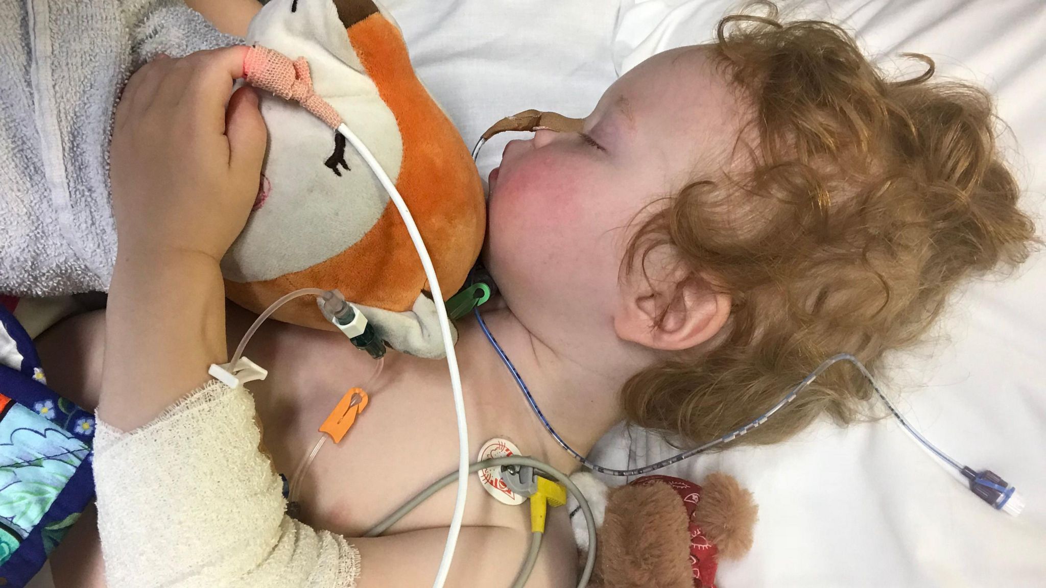 Baby Henry cuddling a teddy and laying in a hospital bed with multiple tubes and wires attached to his body