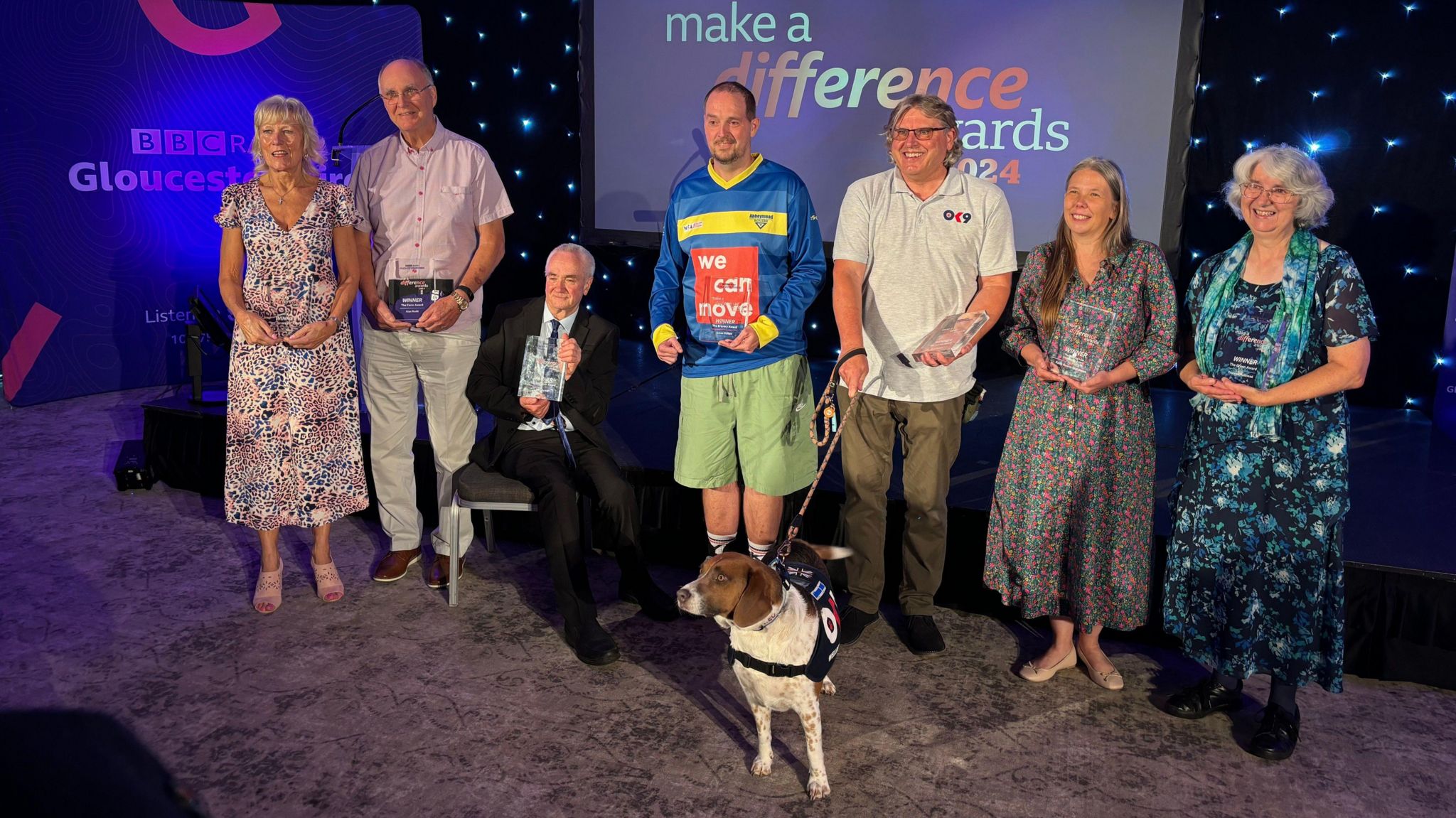 Award winners Julie Kent, Alan Rudd, Mike Sollis, dog Keo and his owner Scott, Faith Rooke-Matthews, and Frances Halstead