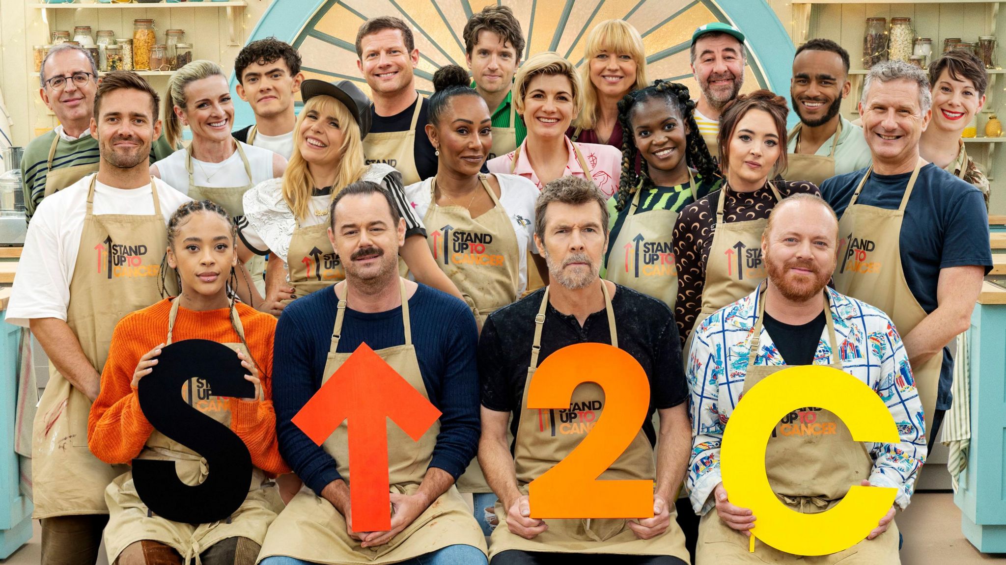 Undated handout combination photo issued by Channel 4 of (Back Row) Rev Richard Coles, Joe Locke, Dermot O'Leary, Greg James, Sara Cox, David O'Doherty, Munya Chawawa, Suzi Ruffell, (Middle row) Paloma Faith, Gabby Logan, Spencer Matthews, Mel B, Jodie Whittaker, Oti Mabuse, Fern Brady, Adam Hills, (Front row) Yinka Bokinni, Danny Dyer, Rhod Gilbert, Leigh Francis, the contestants for a new series of The Great Celebrity Bake Off for Stand Up To Cancer, which will be available to watch and stream on Channel 4 later this year. Picture date: Monday February 5, 2024. PA Photo. Stand Up To Cancer UK, the joint national fundraising campaign between Channel 4 and Cancer Research UK, has raised millions of pounds to fund life-saving cancer research