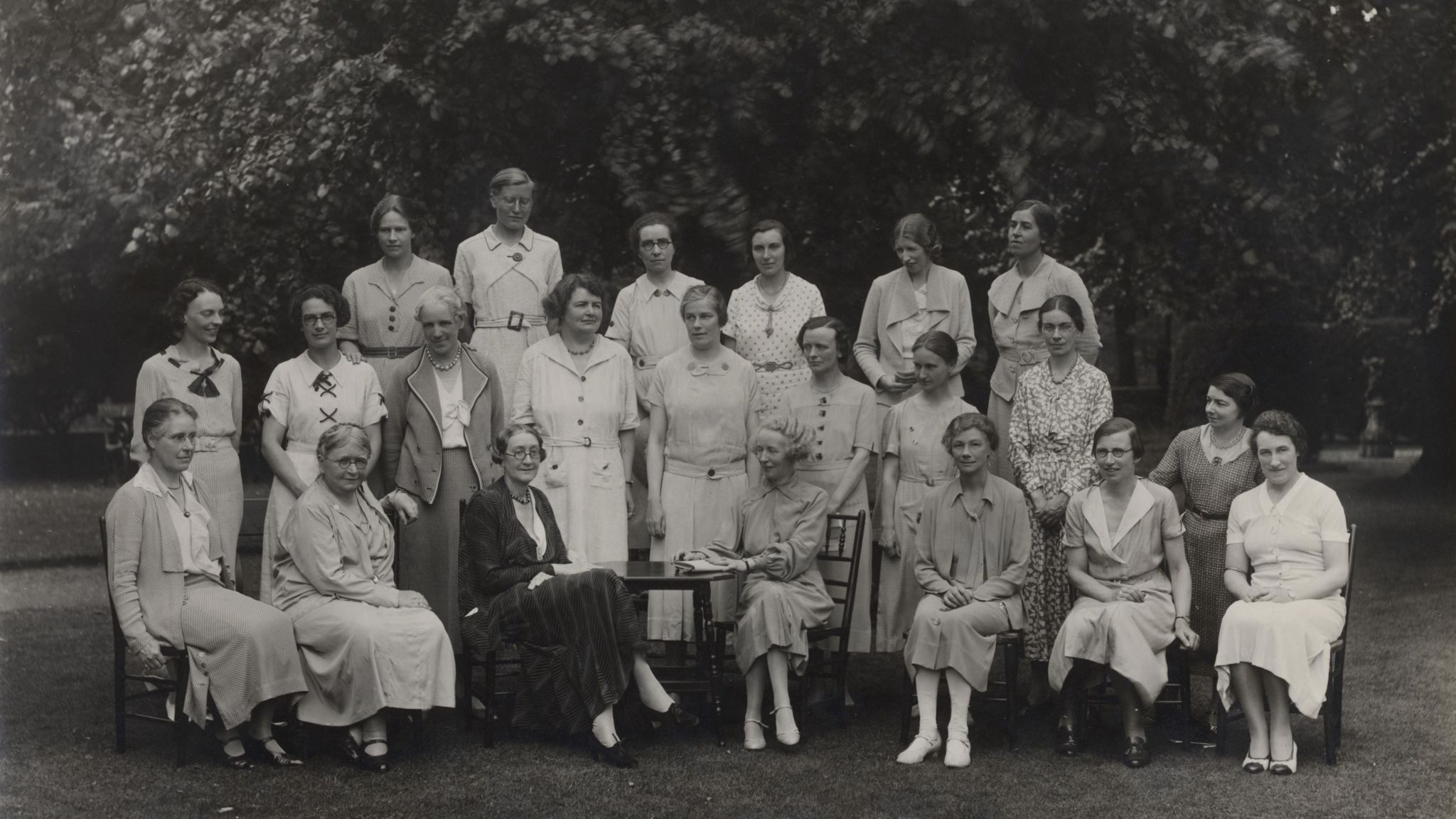 the Principal and Fellows in 1936, with Pernel Strachey (front row, 3rd from left), Alda Milner-Barry (middle row, 4th from left), and Dorothy Garrod (back row, 3rd from left)
