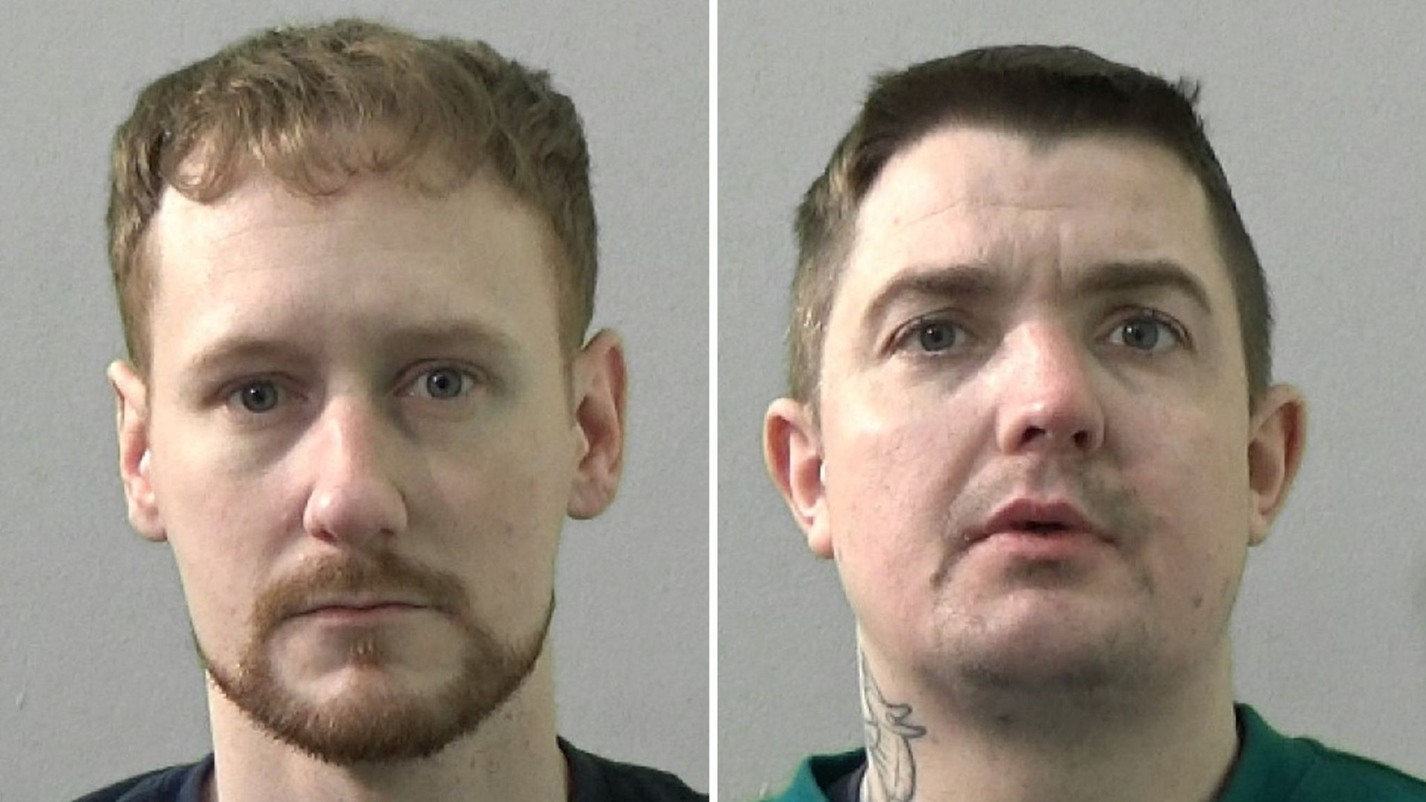 Mugshots of Paul Fawcett and John Wandless, one with a ginger beard and the other with a large tattoo on his neck
