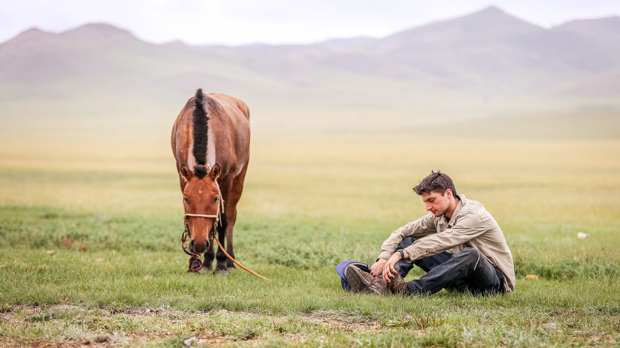 A man sits on a vast expanse of green grass, next to a brown horse with a dark mane. There are mountains in the background