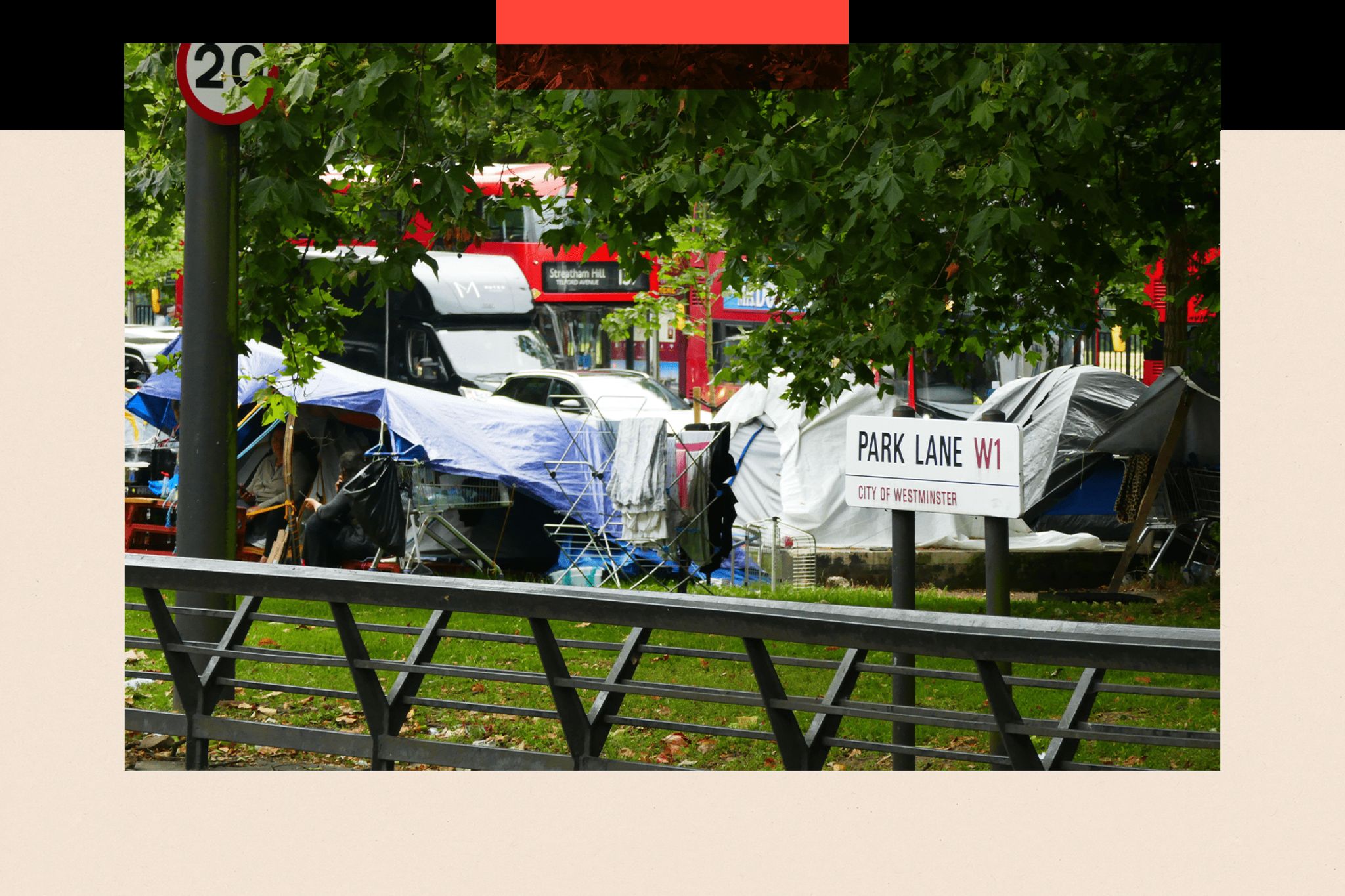 An encampment of tents on Park Lane in London 