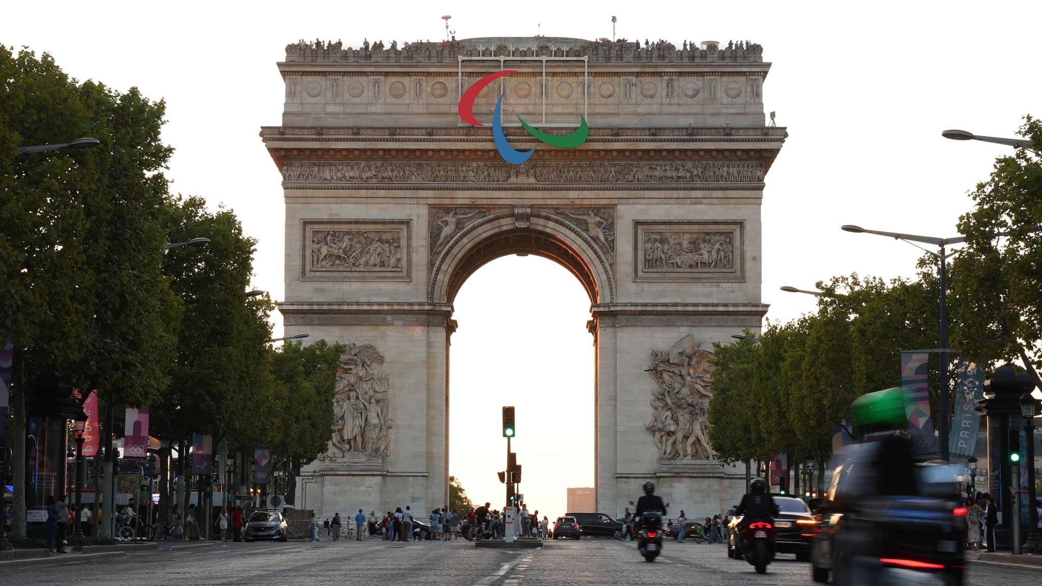 The Paralympic Agitos are seen on the Arc de Triomphe ahead of the Paris 2024 Summer Paralympic Games on August 27, 2024 in Paris, France