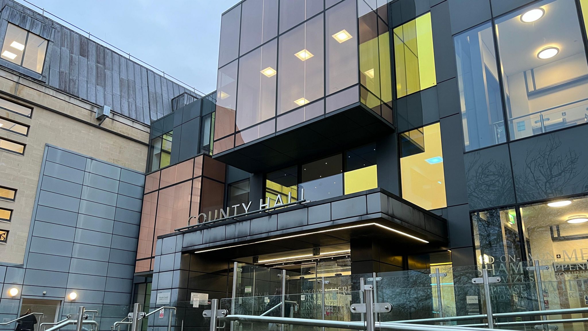 View of County Hall in Trowbridge, where Wiltshire Council are based. A building with multicoloured panel windows