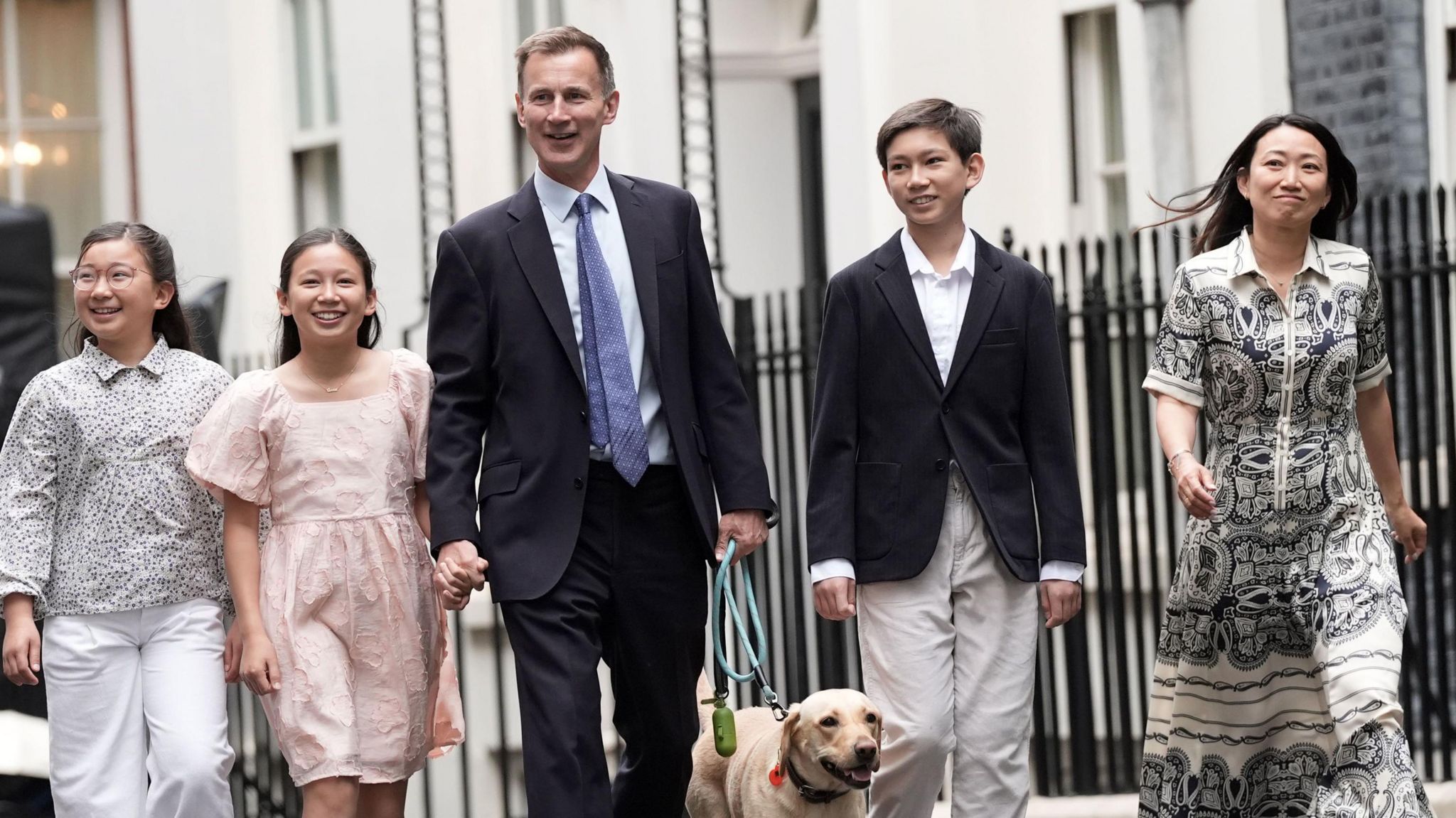 Outgoing Conservative chancellor of the exchequer Jeremy Hunt, with his wife Lucia Hunt and their children Jack, Anna and Eleanor leave 11 Downing Street after the Labour party won a