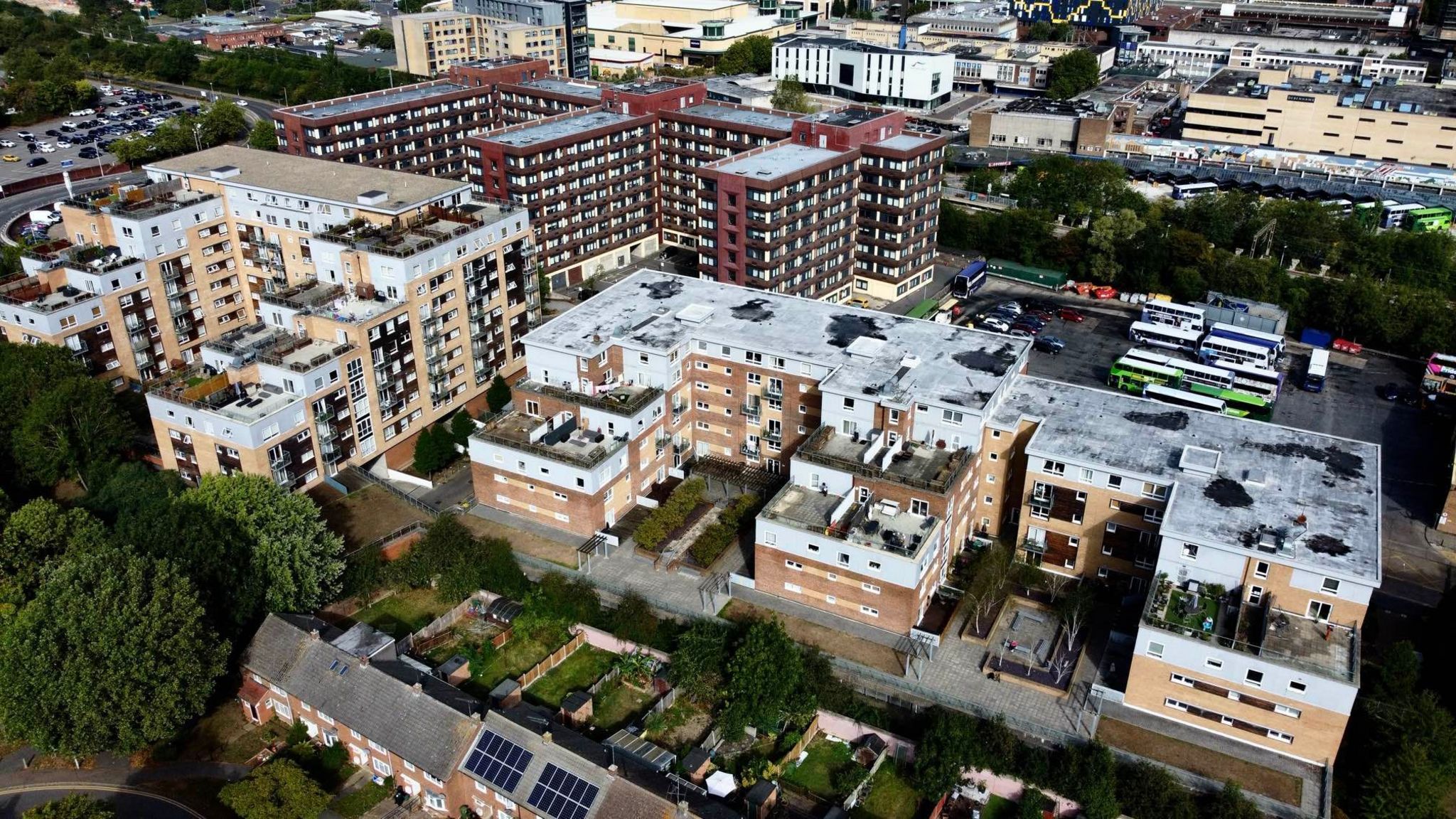 An aerial picture of Morello Quarter. It is a multi-storey development of flats, mostly brown in colour. 