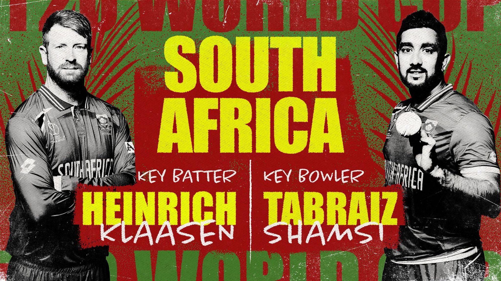 A graphic showing Heinrich Klaasen and Tabraiz Shamsi as South Africa's key batter and bowler at the Men's T20 World Cup