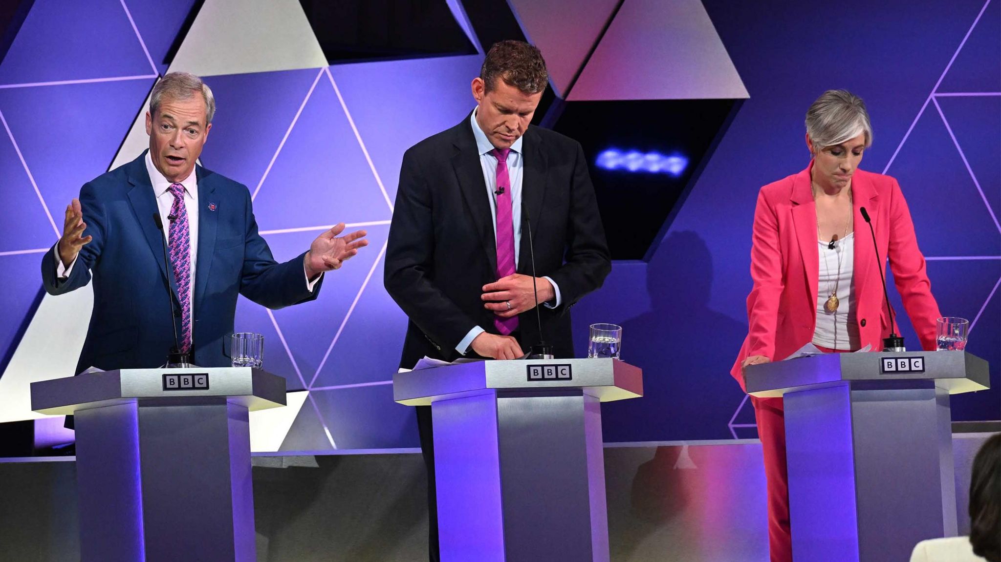 Picture of Nigel Farage, Rhun ap Iorweth and Daisy Cooper at the debate