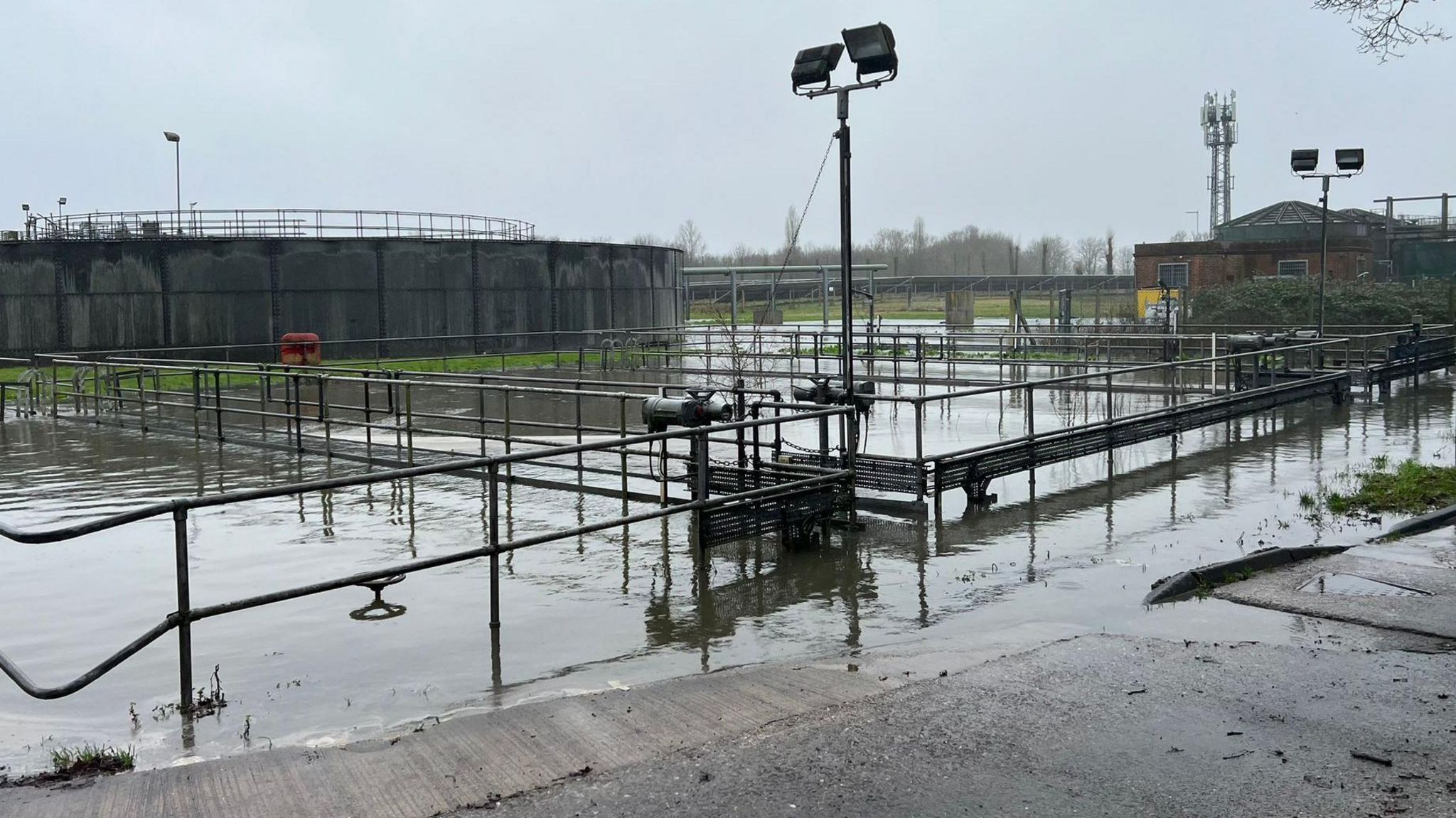 Flooded sewage treatment works in Horley
