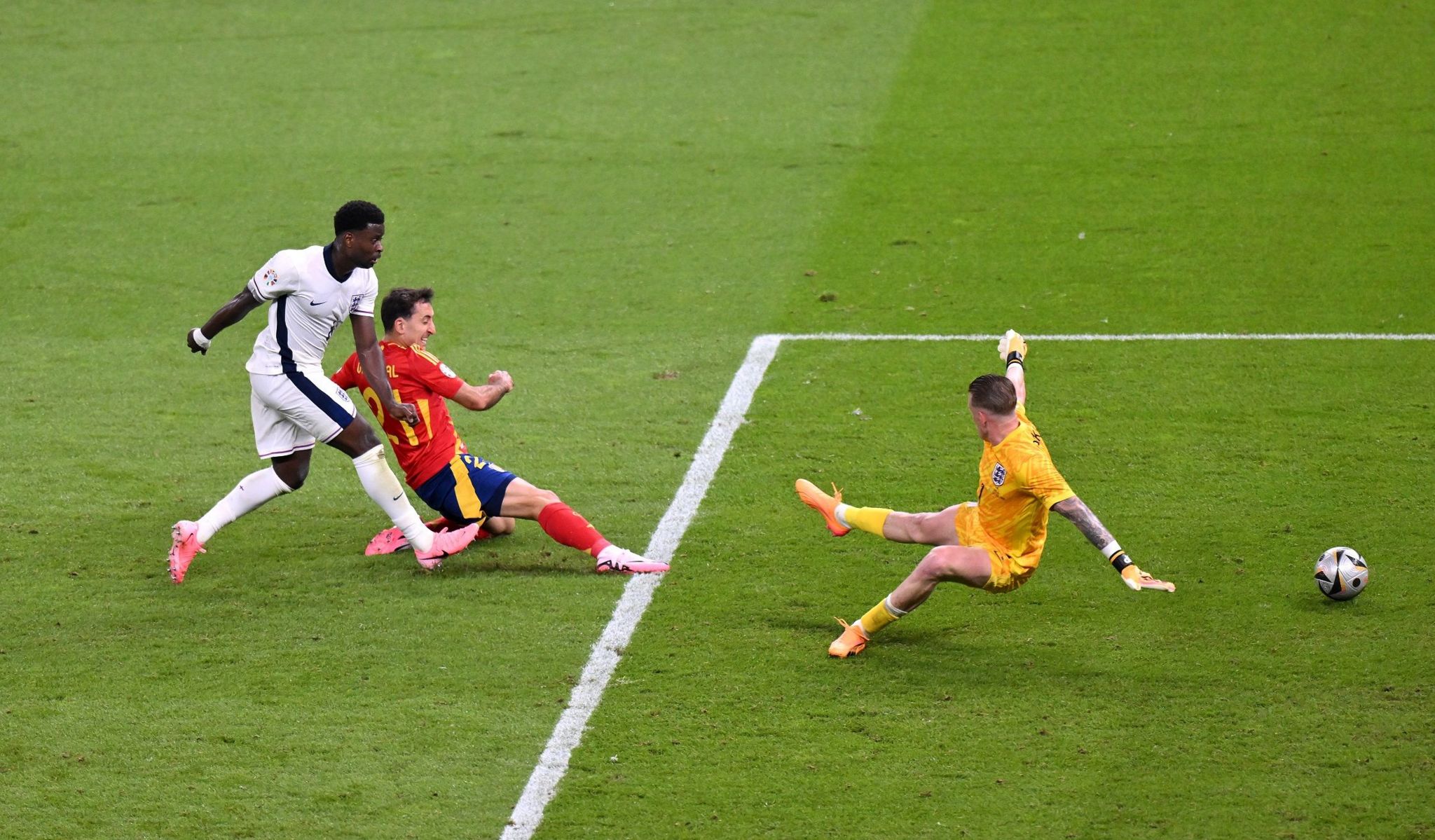 Mikel Oyarzabal slides to score Spain's winning goal in the Euro 2024 final against England in Berlin