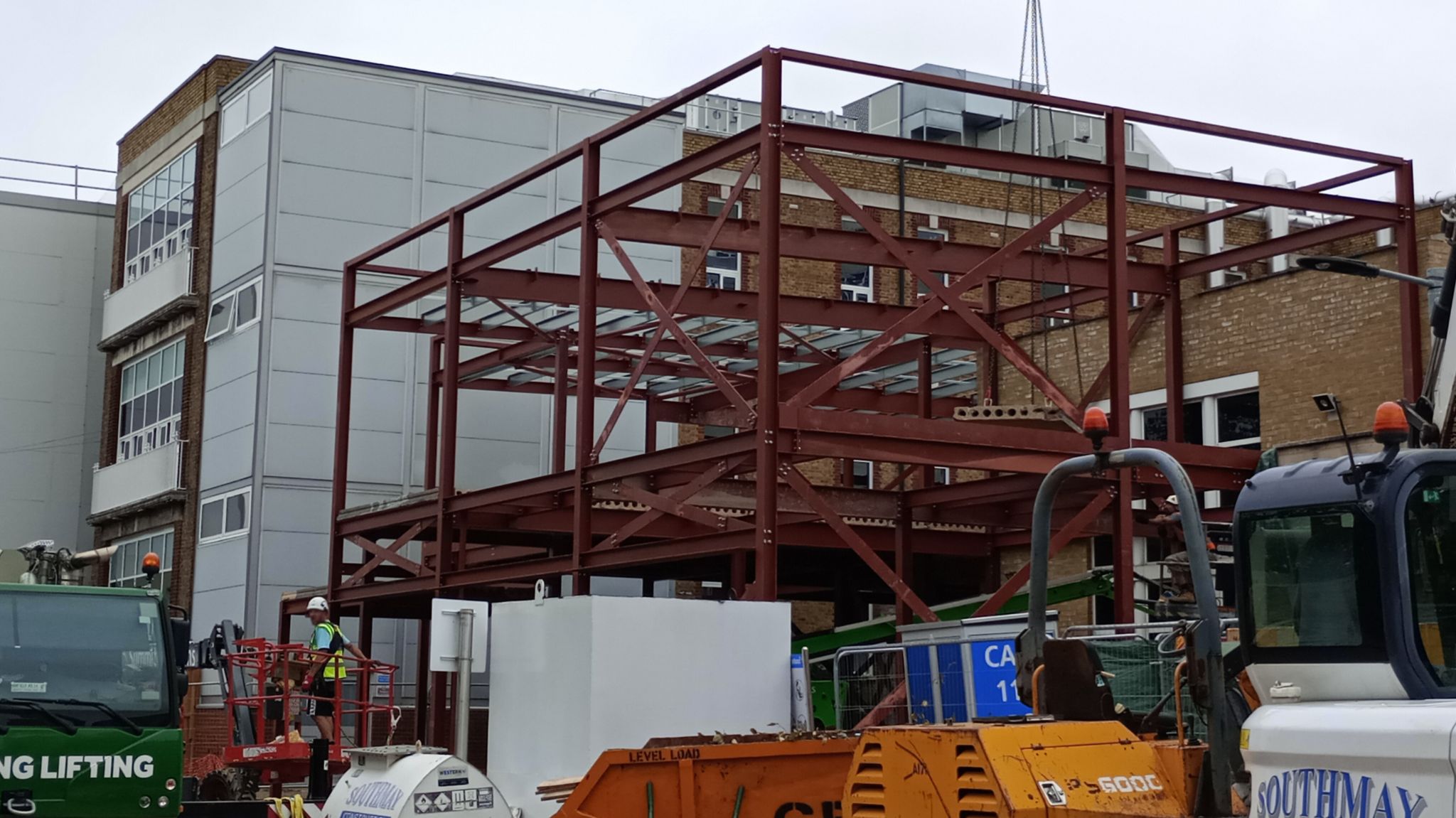 A steel frame which is part of the building work at Southend Hospital