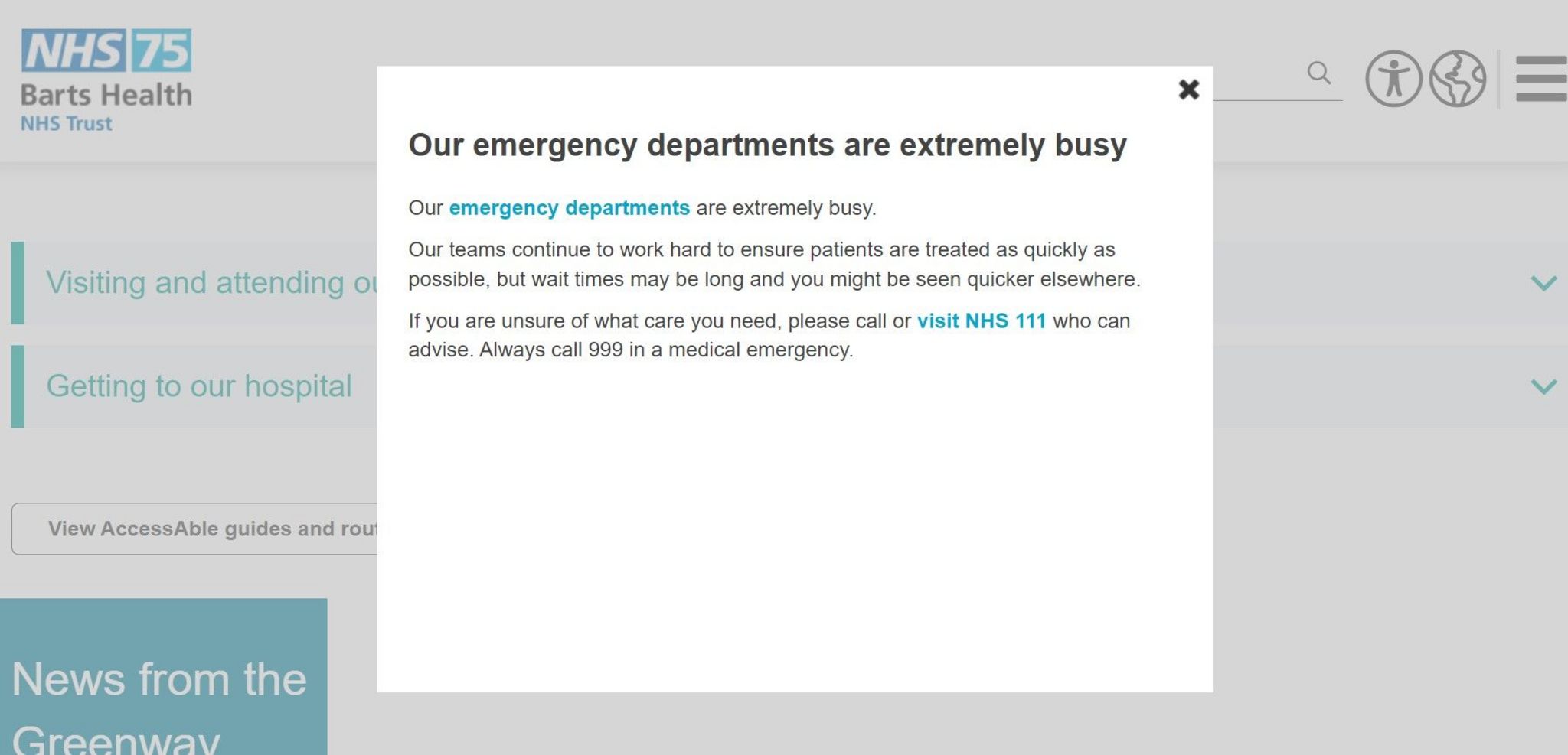 Warning from Newham Hospital website telling people its services are very busy