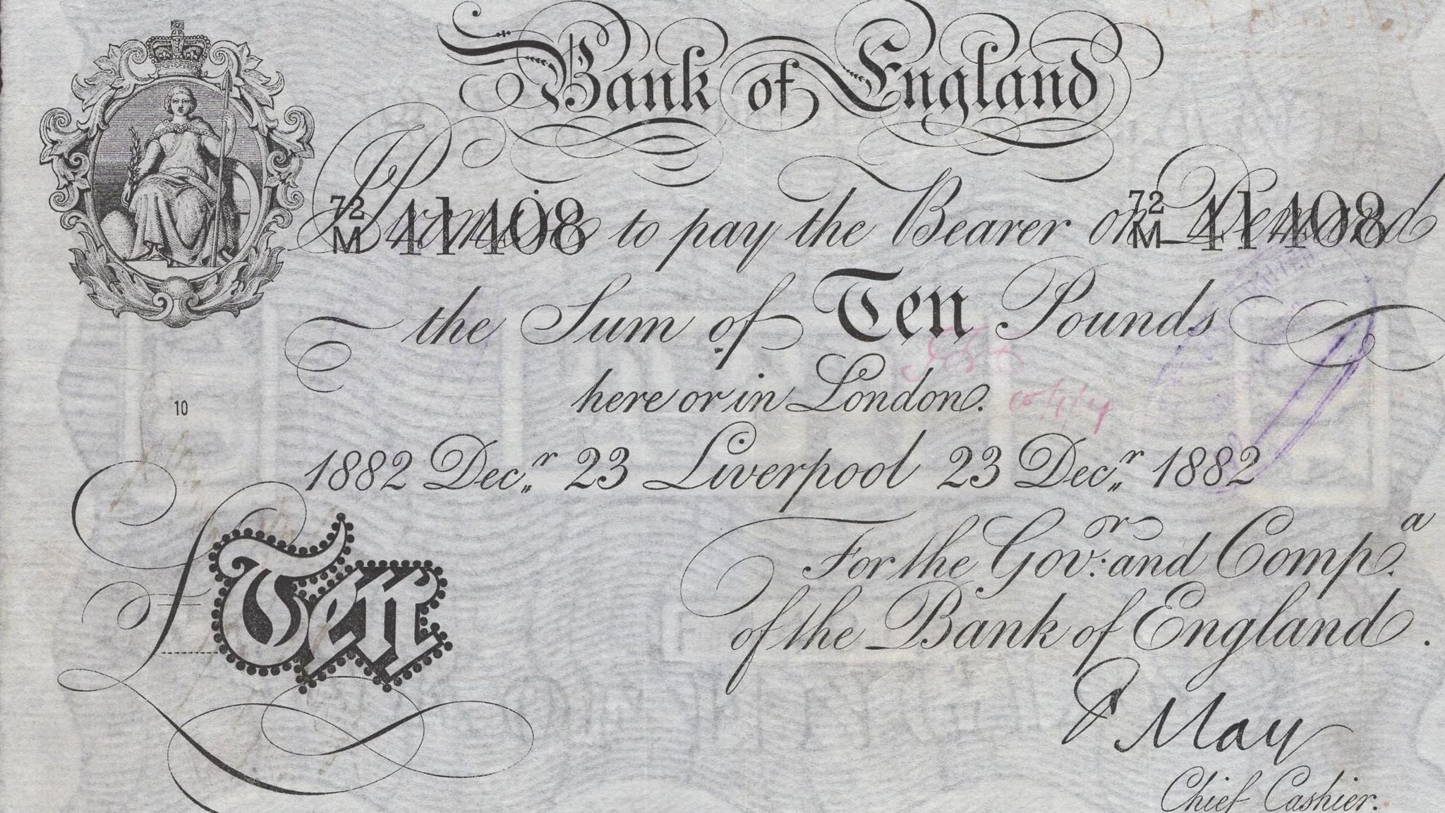 £10 banknote, signed by Frank May