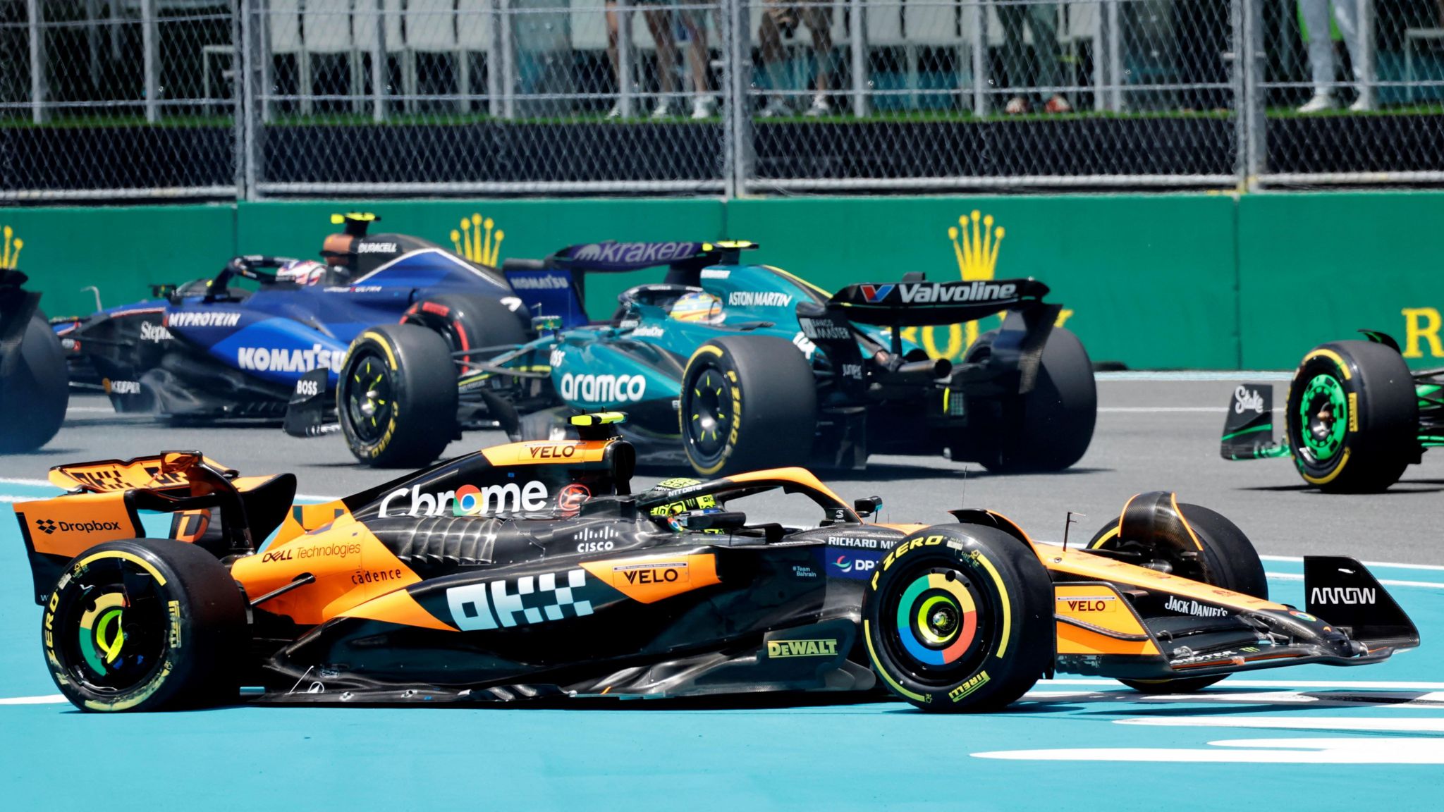 McLaren's Lando Norris spins out at the first corner of the Miami GP sprint