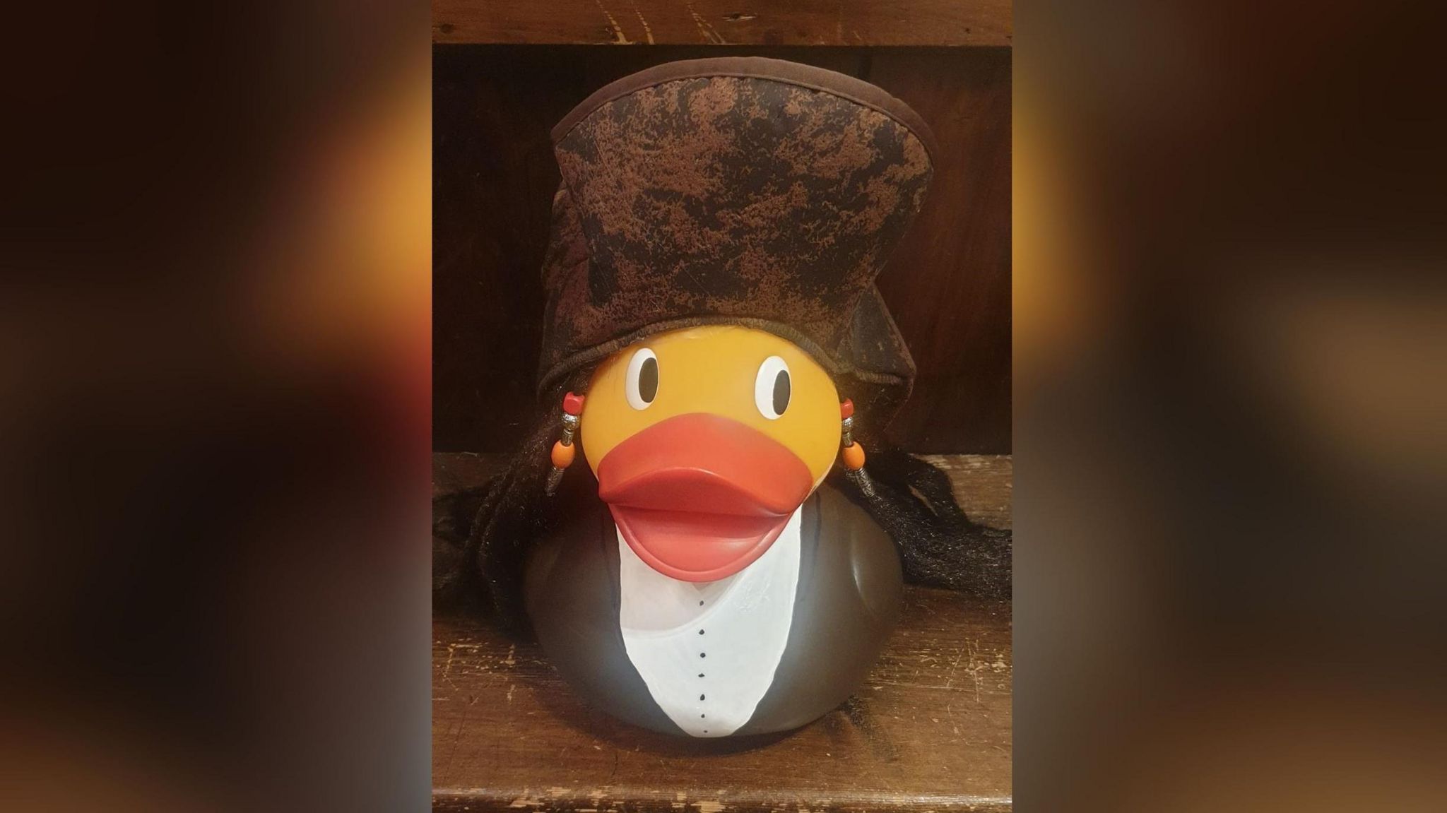 A duck decorated like Captain Jack Sparrow from Pirates of the Carribean