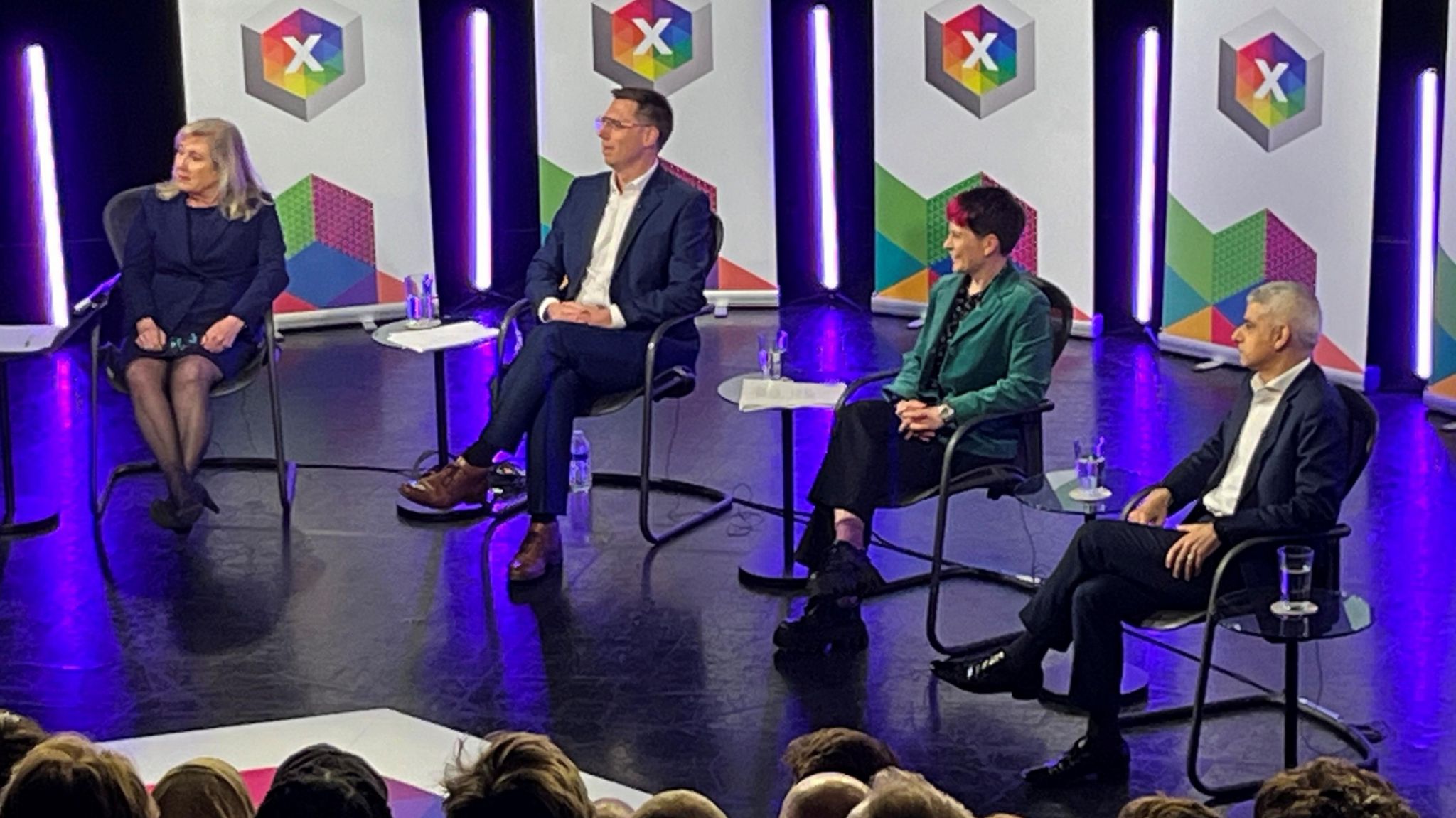 A photo of Conservative Susan Hall, Liberal Democrat Rob Blackie, Green Zoë Garbett & Labour's Sadiq Khan at the BBC One "A Mayor for London" debate