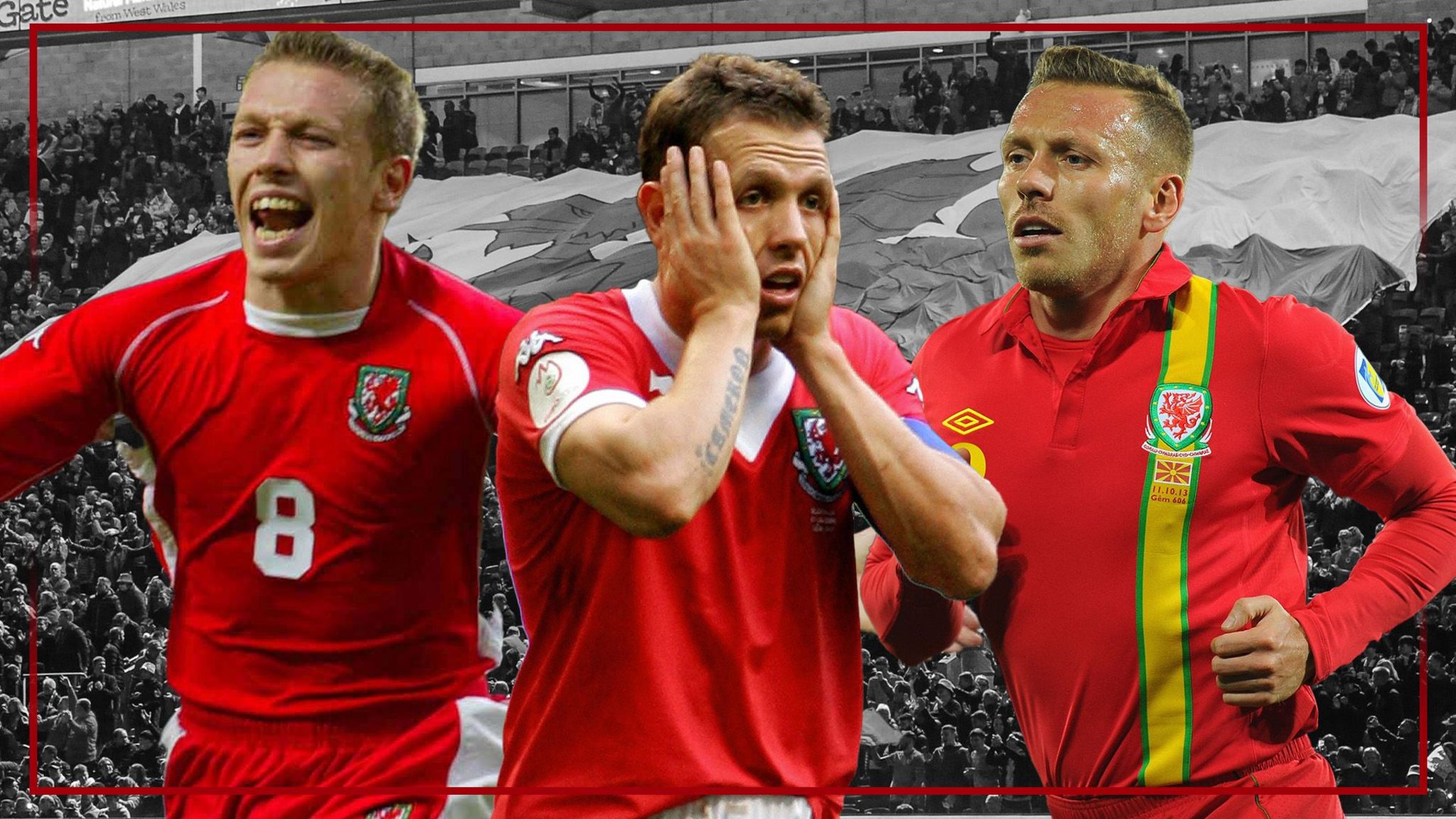 Craig Bellamy in three poses during his Wales career