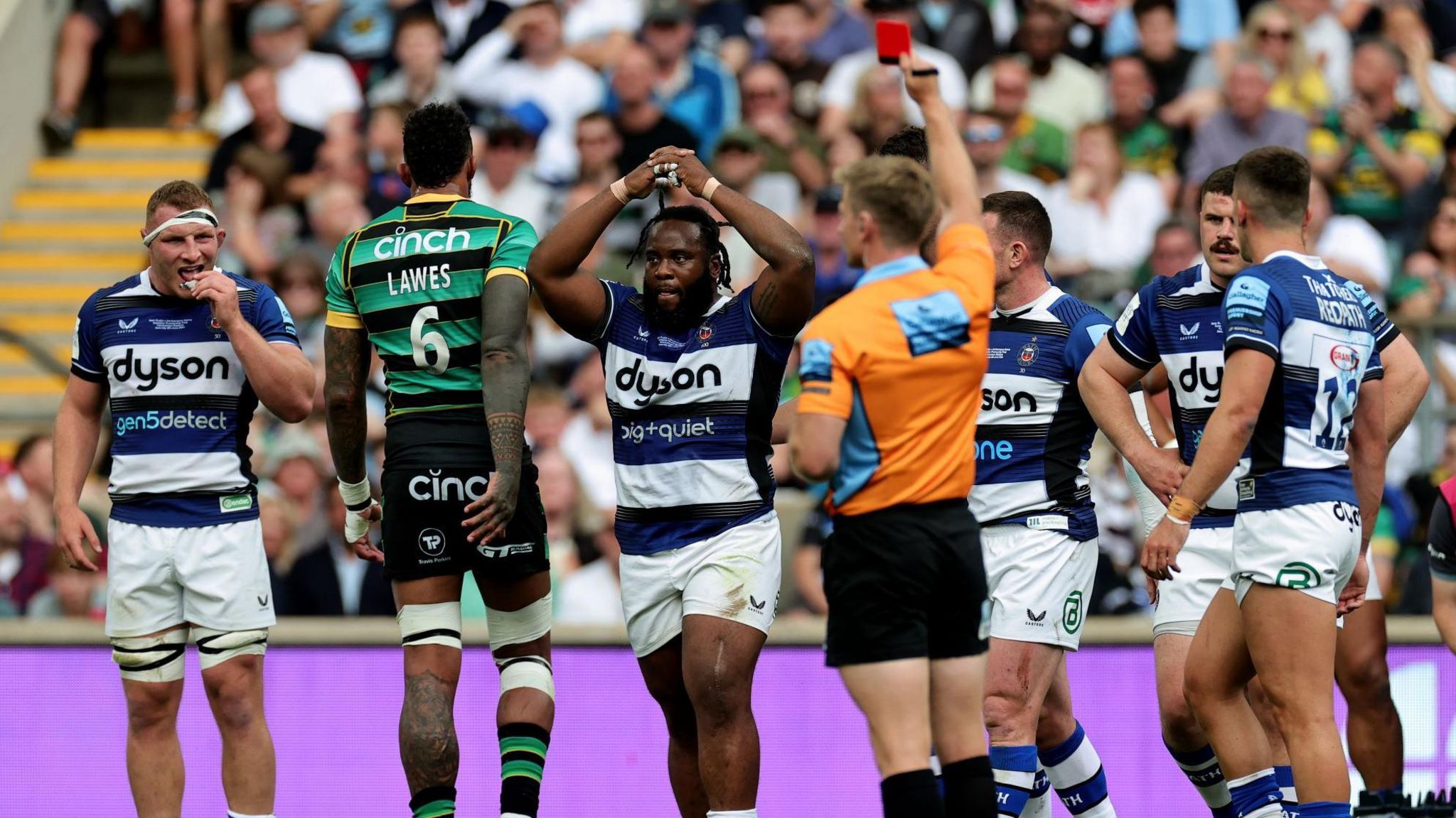Beno Obano is shown a red card for Bath early in the first half of the Premiership final against Northampton