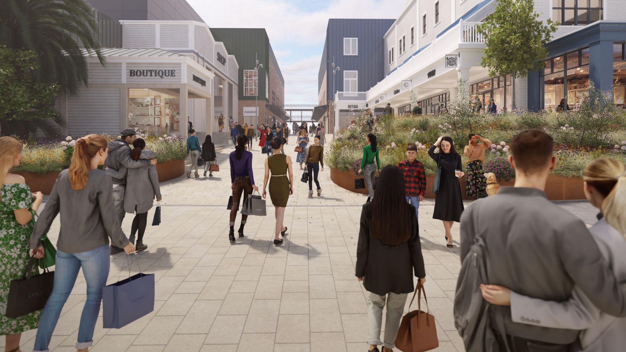 A cgi image of the new gunwharf quays plans. It shows people with shopping bags, boutique shops, and space for plants and greenery