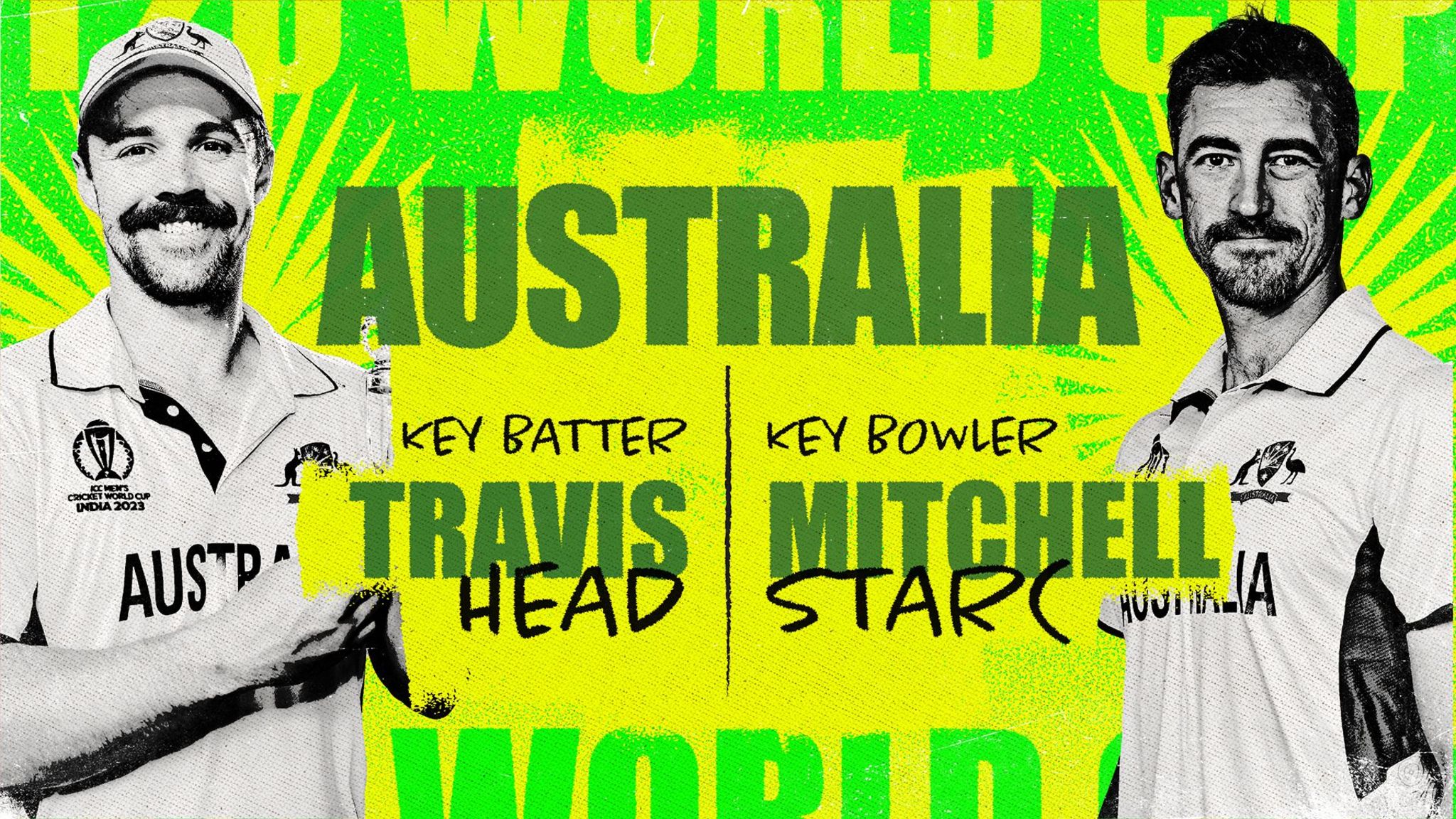 A graphic showing Travis Head and Mitchell Starc as Australia's key batter and key bowler at the Men's T20 World Cup
