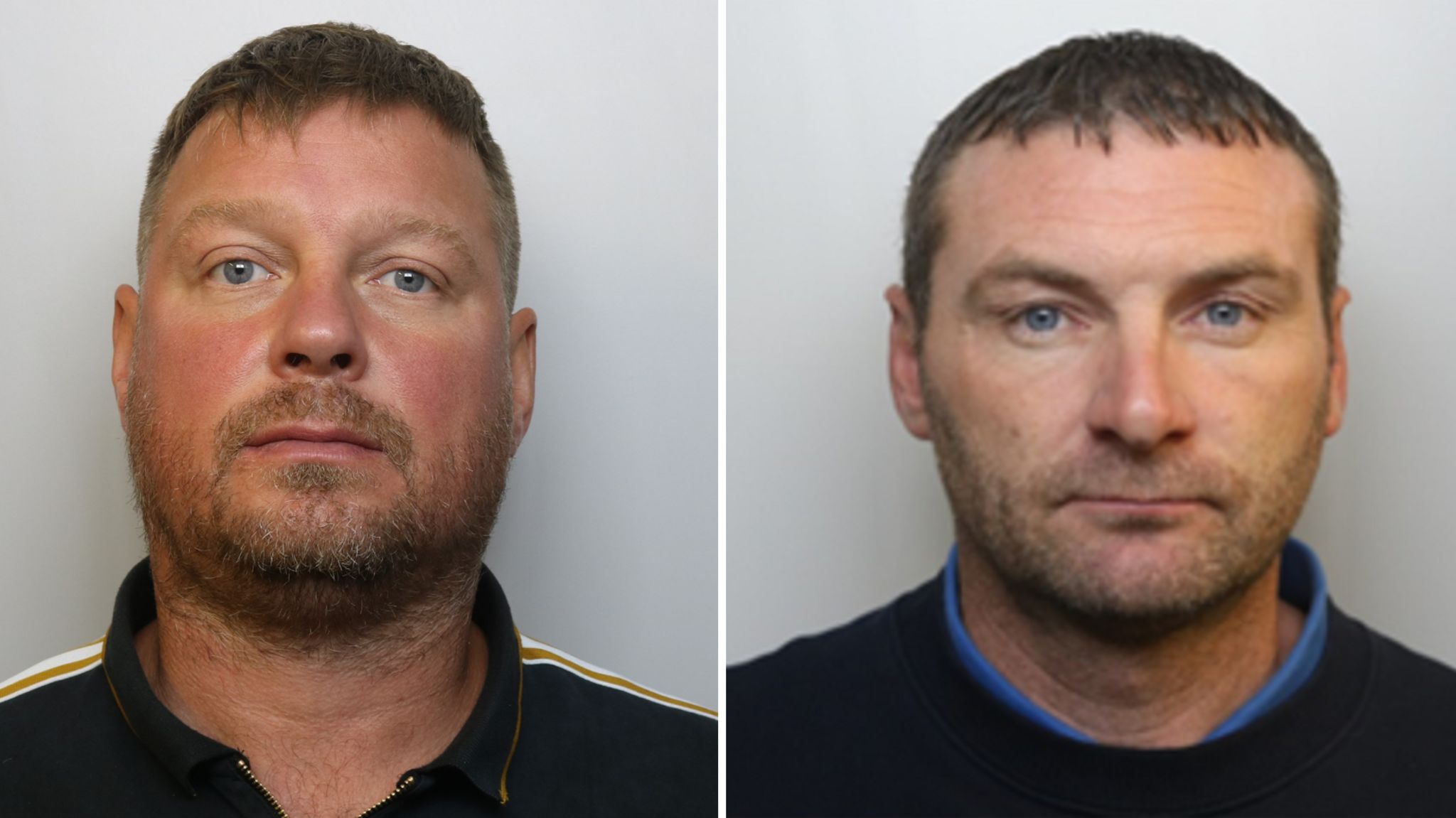 Lee Gilpin and Michael Tarling's mugshots. Both men are pictured against a plain background with blank expressions. Both have short brown hair and facial hair.