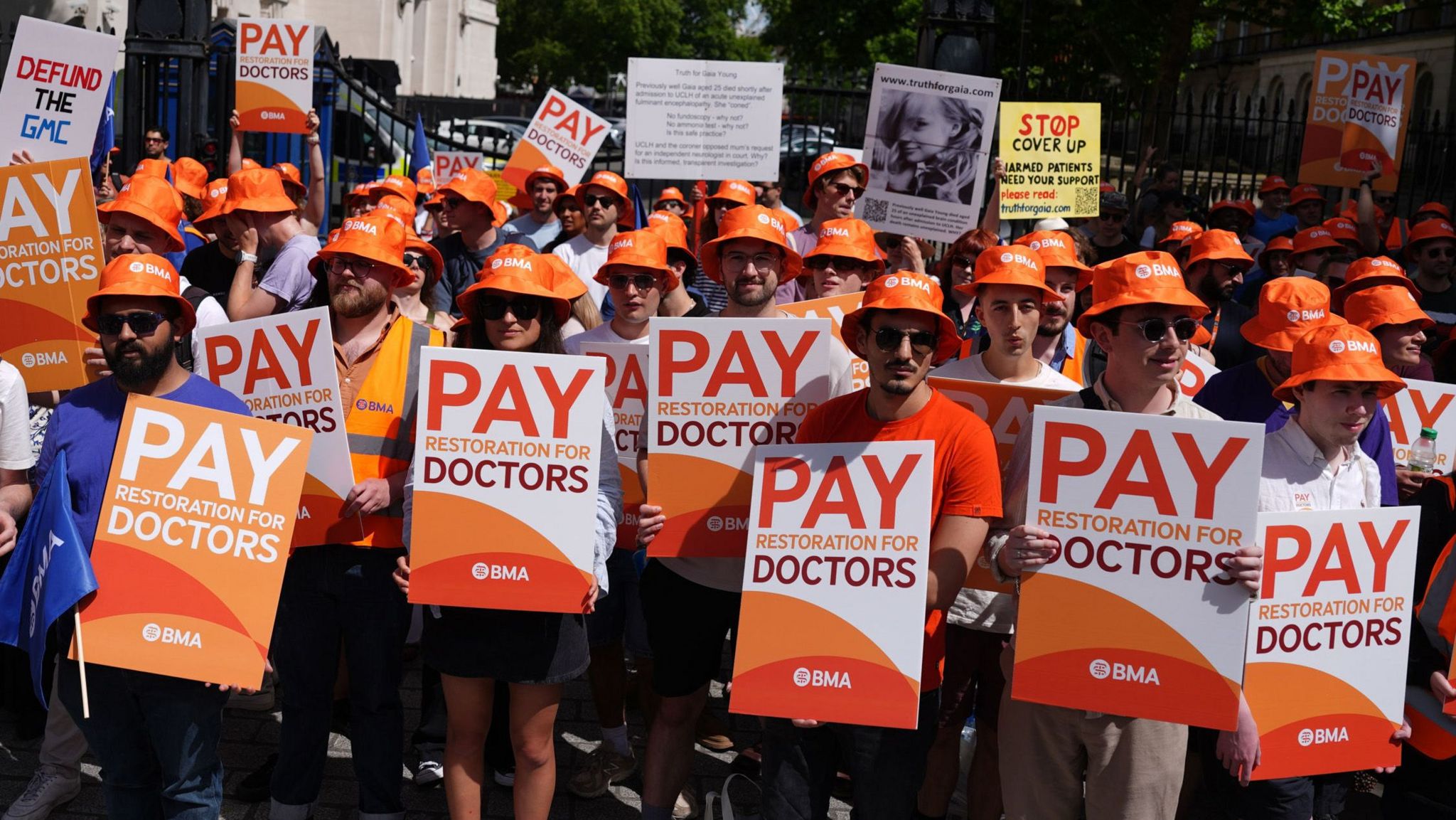 Junior doctors protesting opposite Downing Street, London.