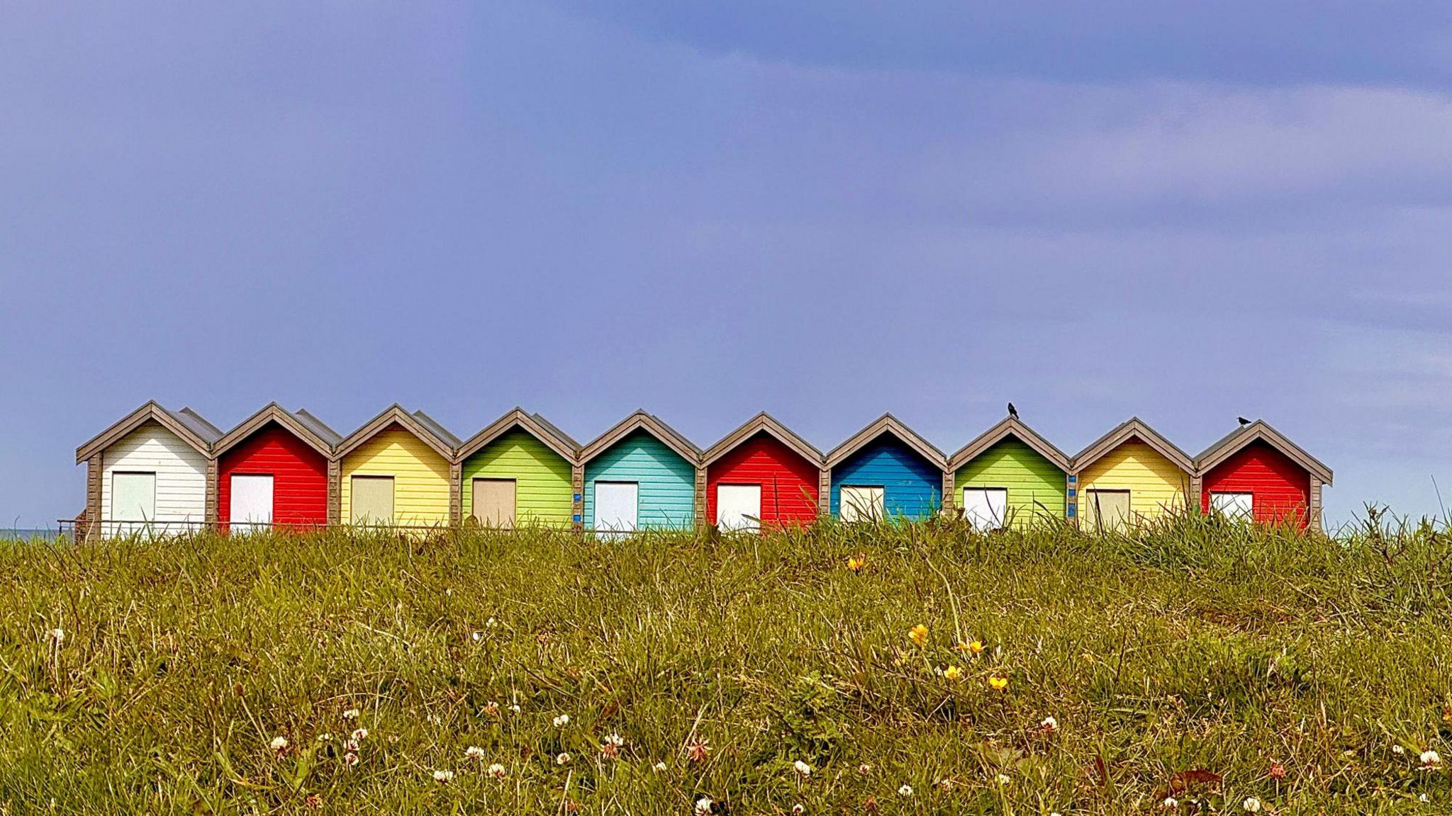 A row of yellow, green, red and blue beach huts in Blyth