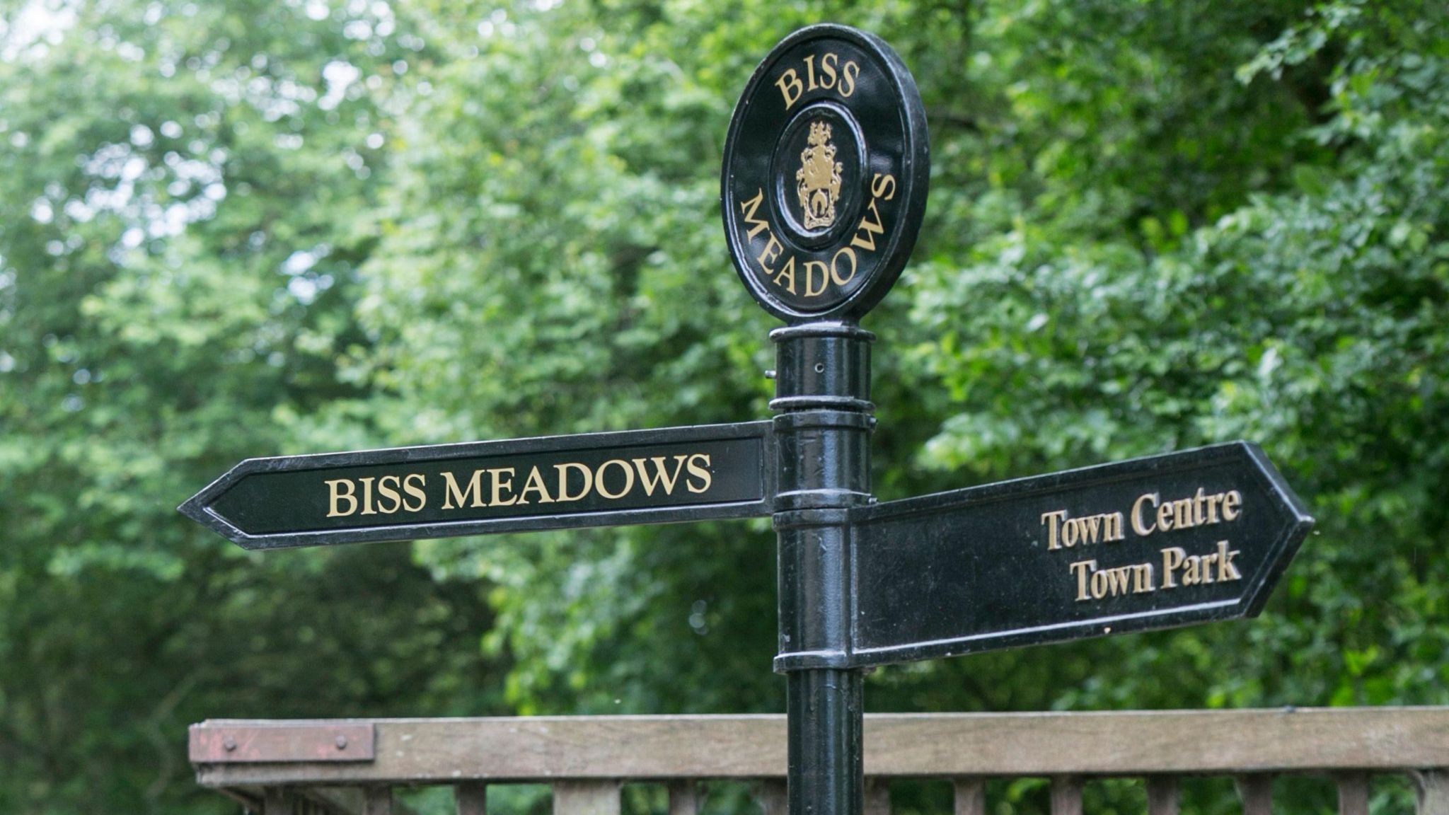 A street sign with an arrow indicating Biss Meadows to the left and the town centre and town park to the right