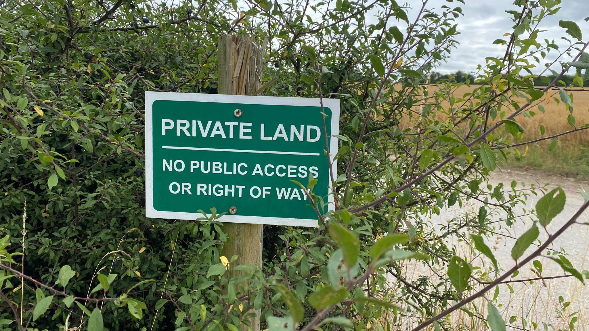 A hedgerow with a green and white sign saying "Private Land, no public access or right of way" fixed to a wooden post