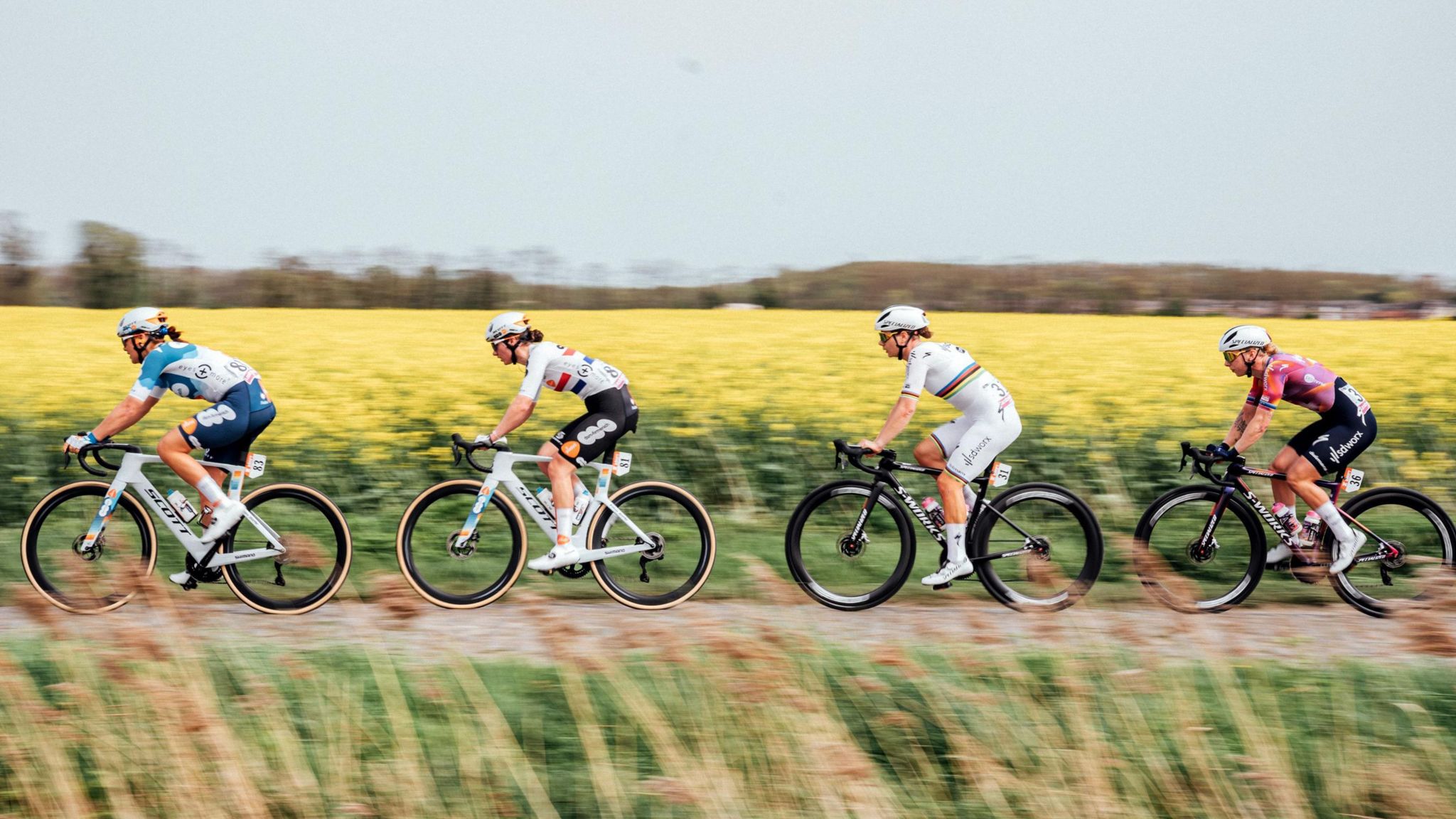 Pfeiffer Georgi (second left) rides over the cobbles at Paris-Roubaix this year