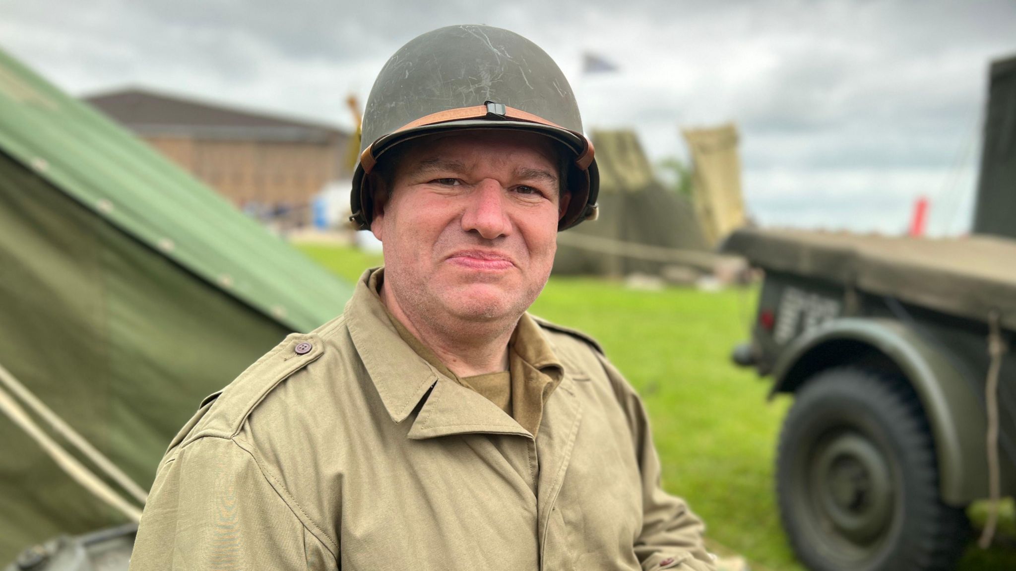 Mark Bailey dressed in an Allied World War Two uniform at Duxford