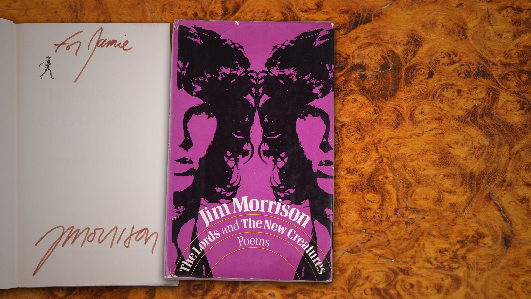 On the left is the first page of a book saying "To Jamie - Morrison". On the right is the front cover of the book with Jim Morrison on it