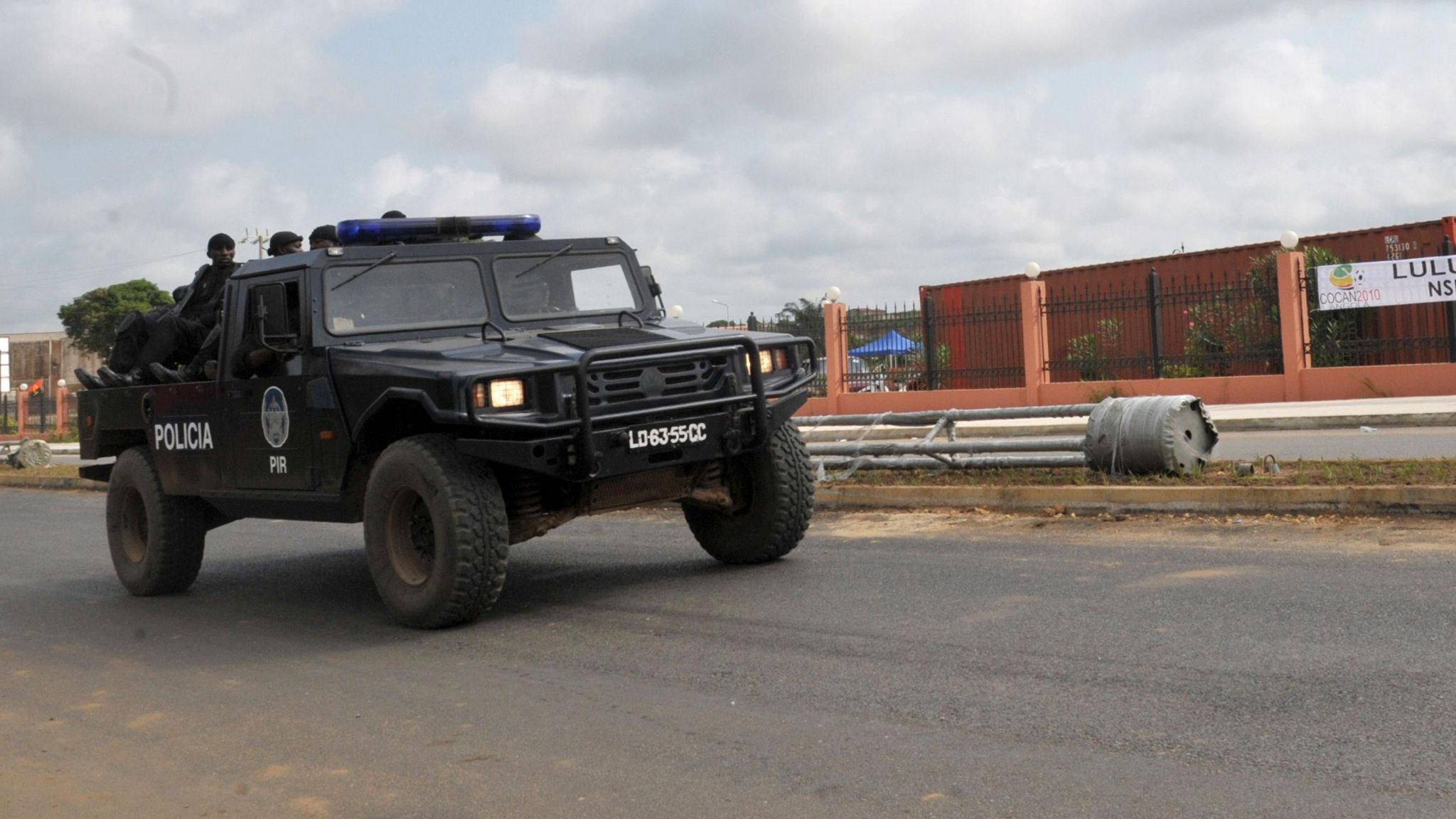 Angolan police patrol in an armoured jeep during the 2010 Africa Cup of Nations