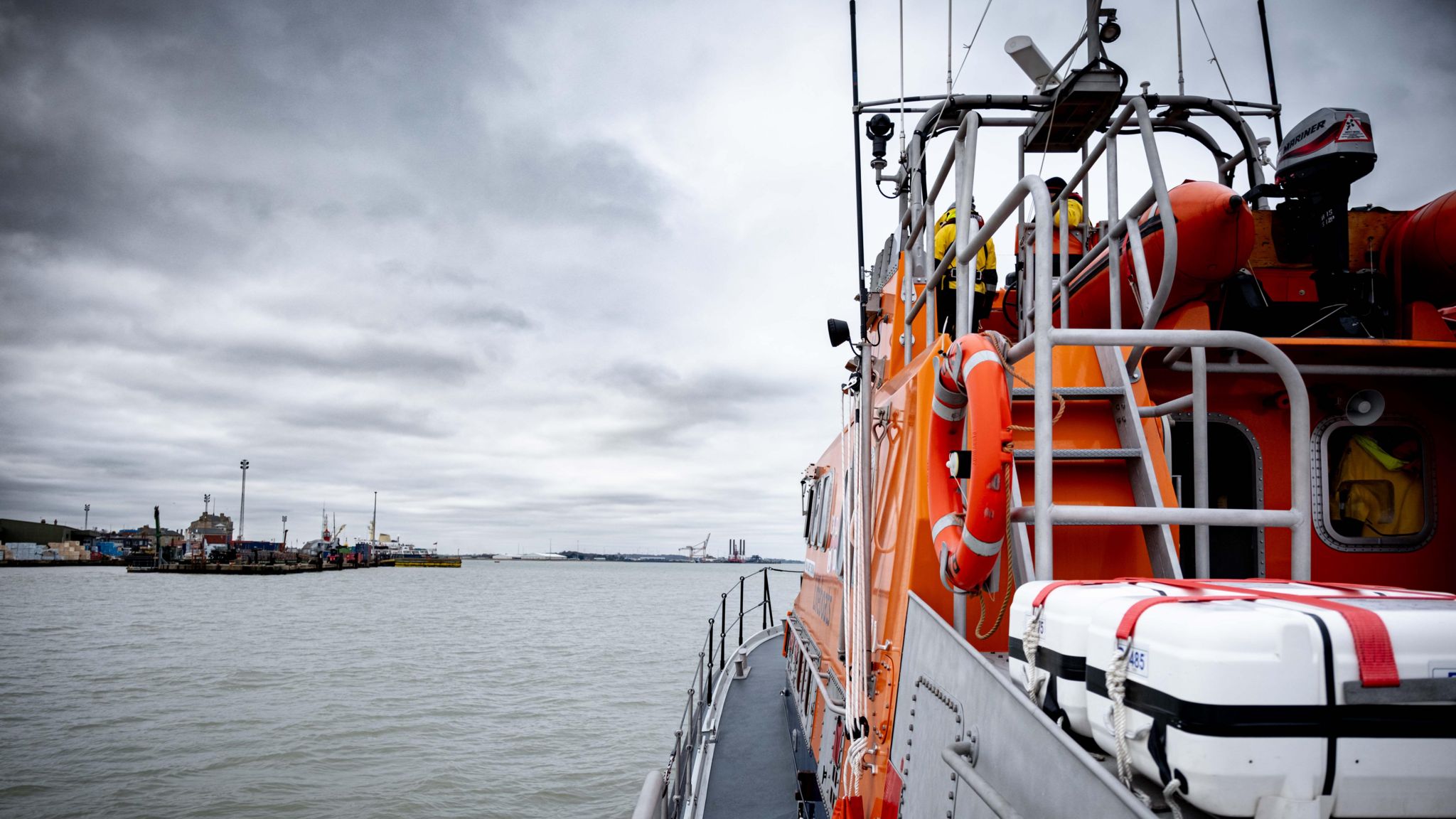 RNLI Harwich all-weather lifeboat launching to rescue rowers