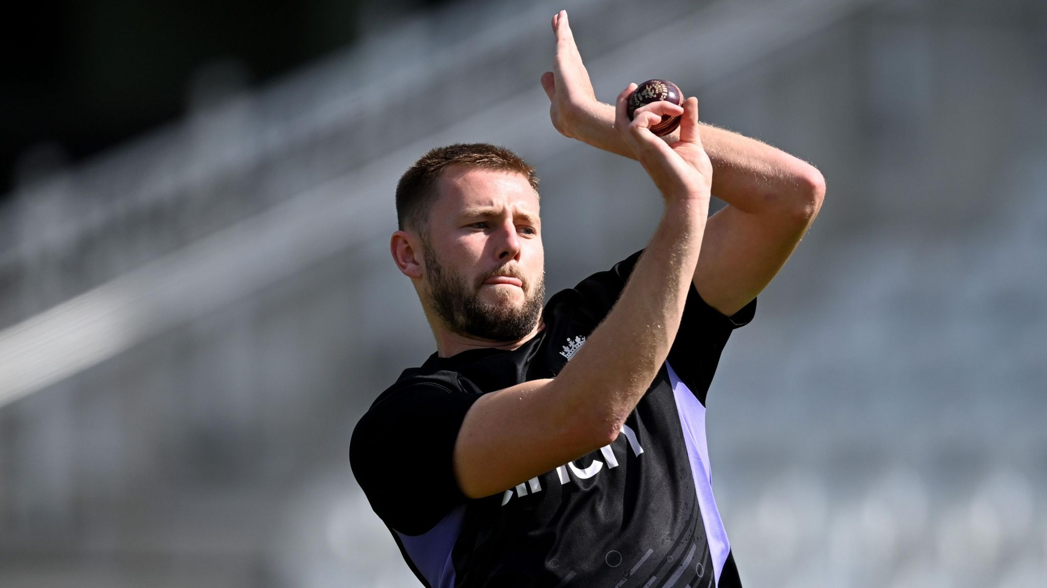 Gus Atkinson bowling during a training session for England's Test side 