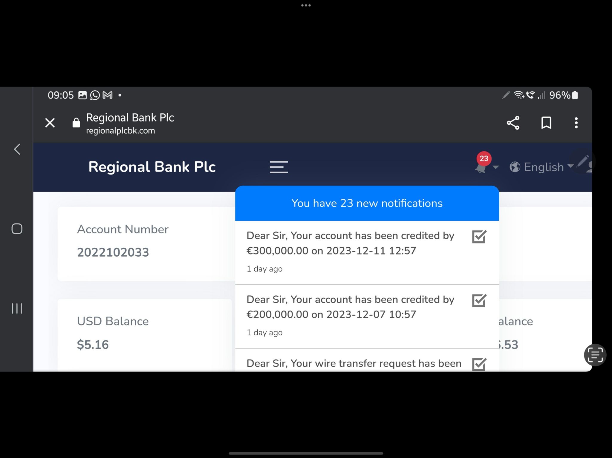 A screenshot that shows Regional Bank Plc - a fake website. The screenshot shows a number of transactions