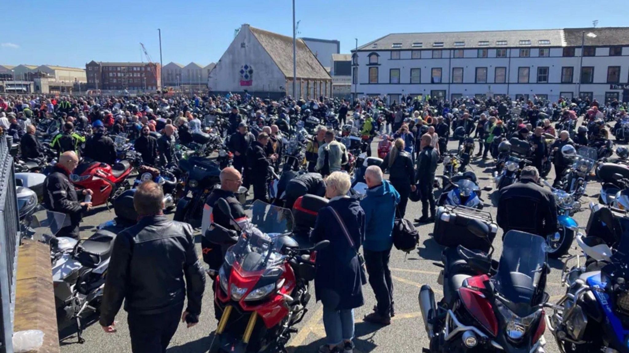 Crowds of the bikers gathered at the end of the ride in Barrow