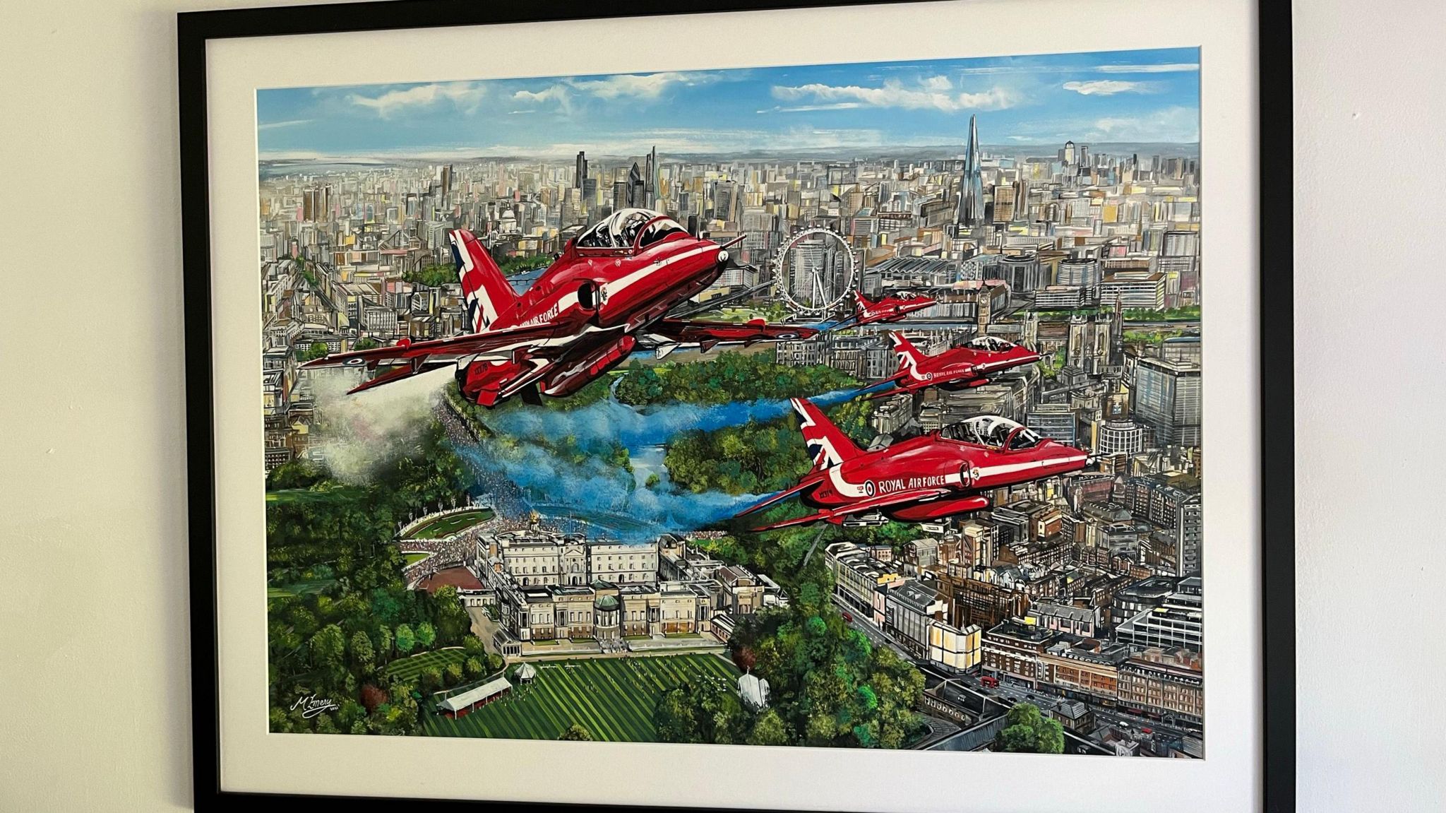 A painting of the Red Arrows, with central London the backdrop