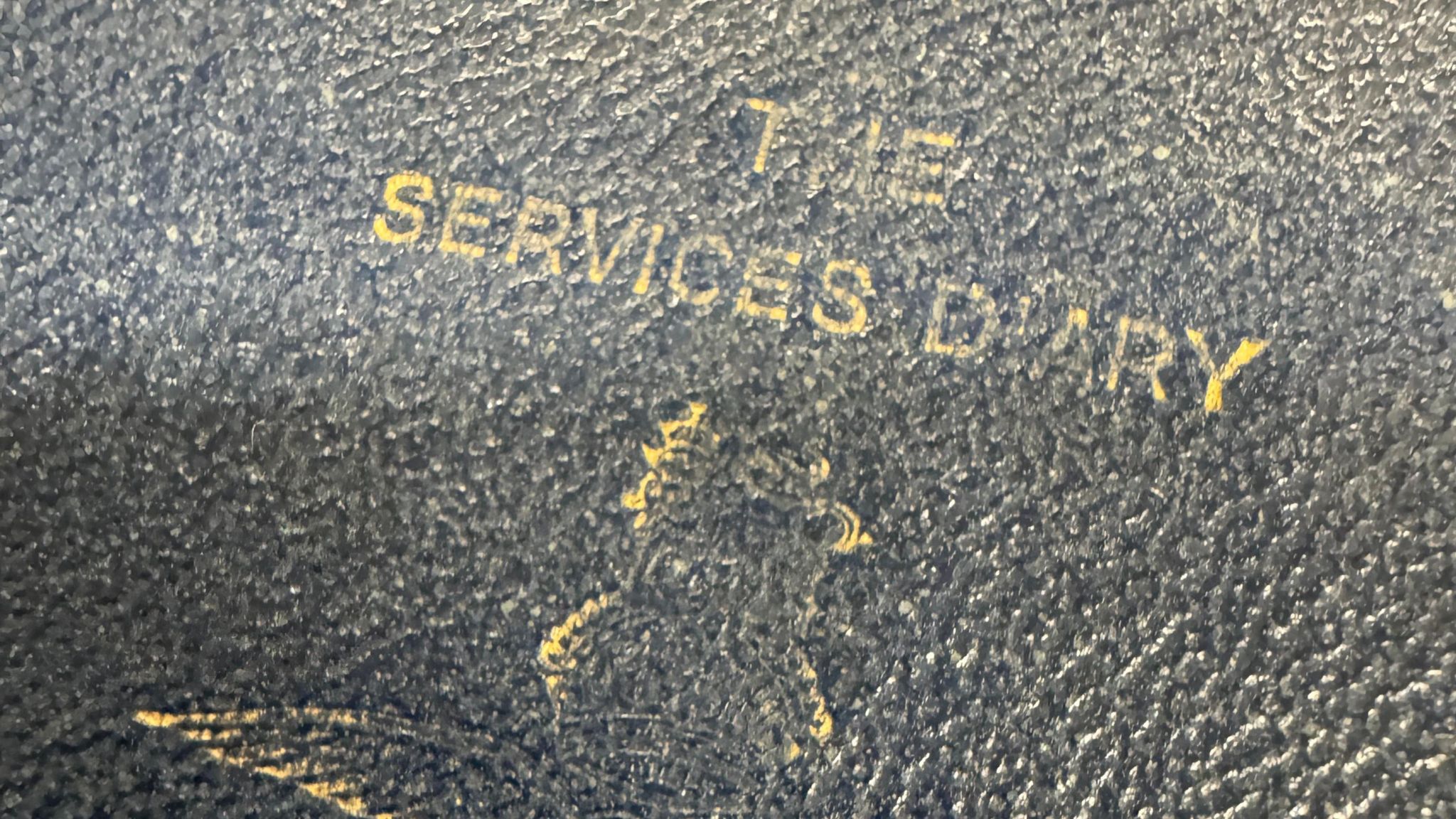 The front of a Services Diary, black leather with fading gold type