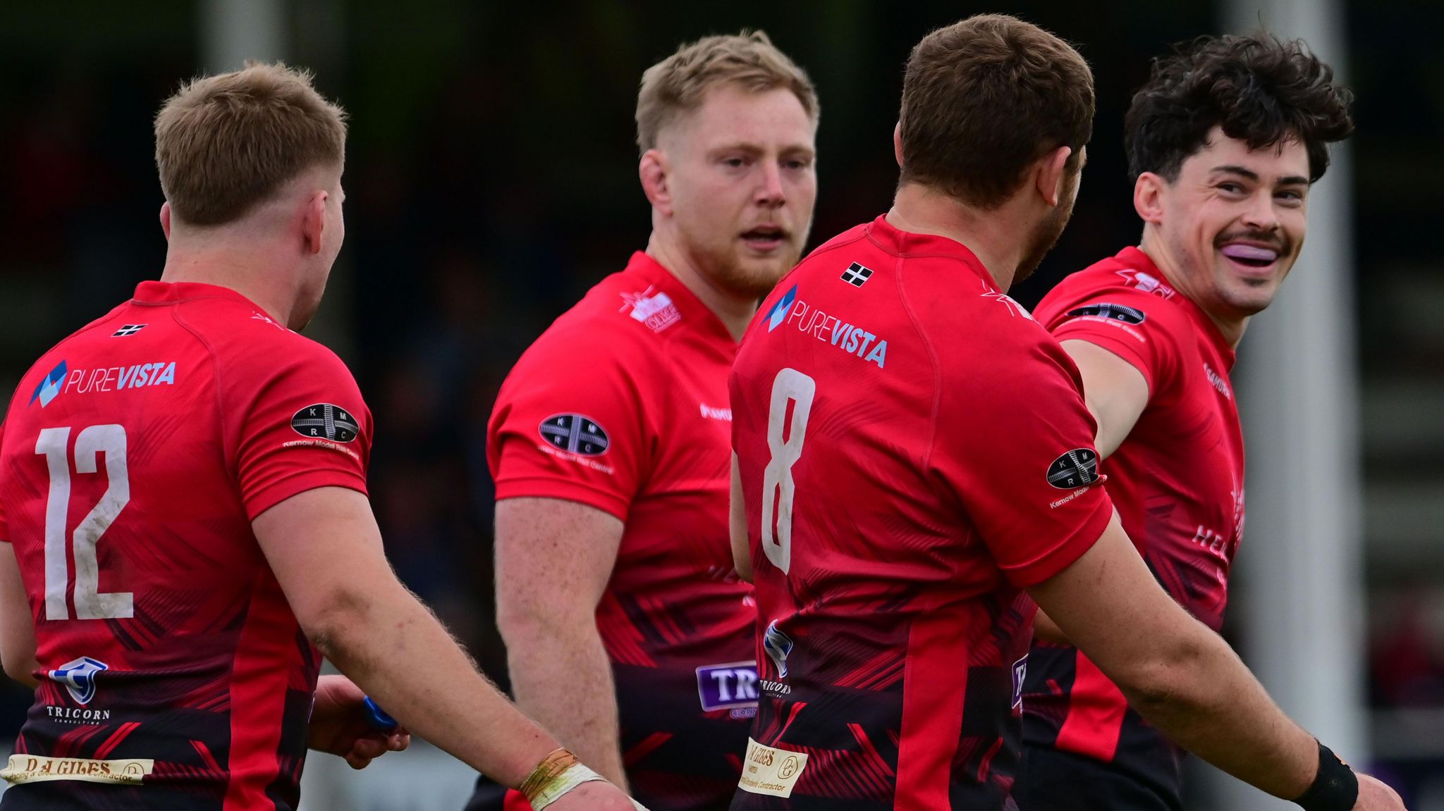 Robin Wedlake (right) celebrates scoring a try for Cornish Pirates