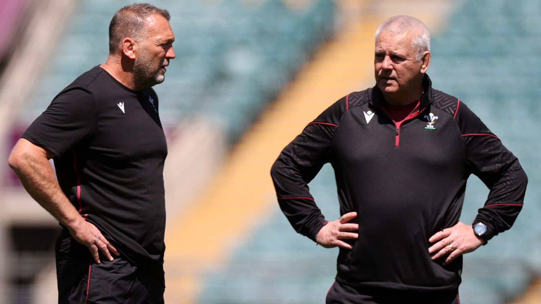 Wales head coach Warren Gatland and forwards coach Jonathan Humphreys at the team's final training session at Twickenham before playing South Africa