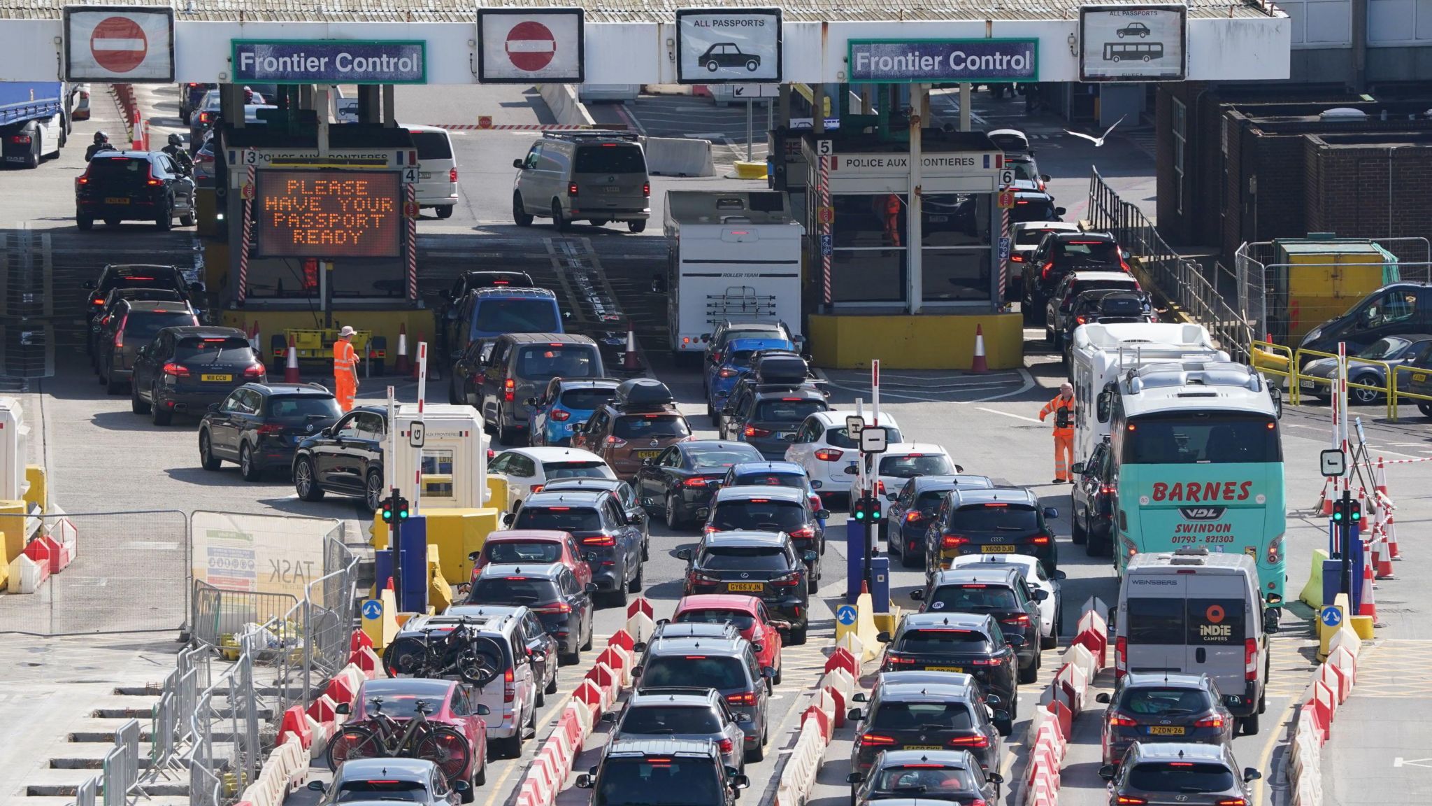 Queues of cars and coaches at the check-in at the Port of Dover