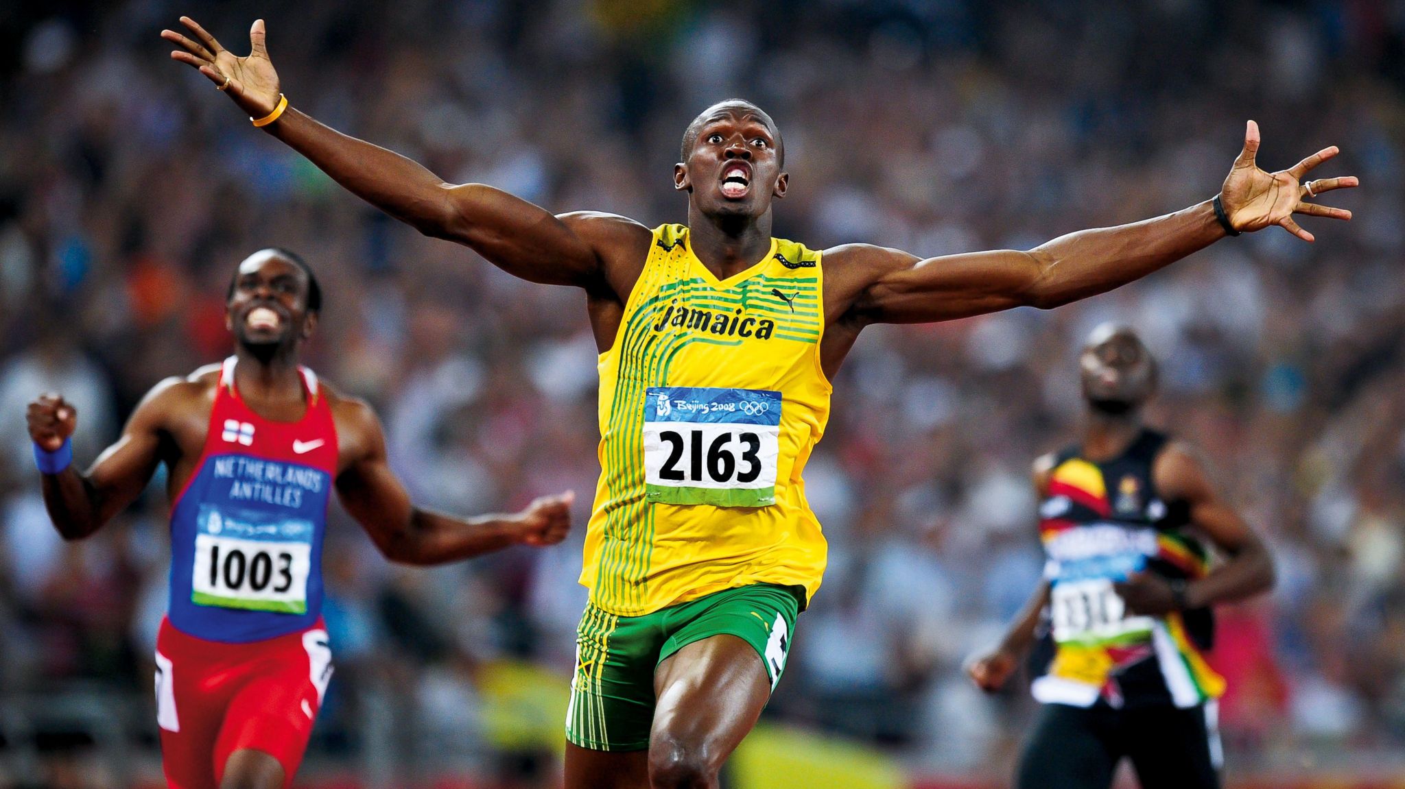 Usain Bolt celebrates winning golden successful nan men's 100m astatine nan 2008 Olympics